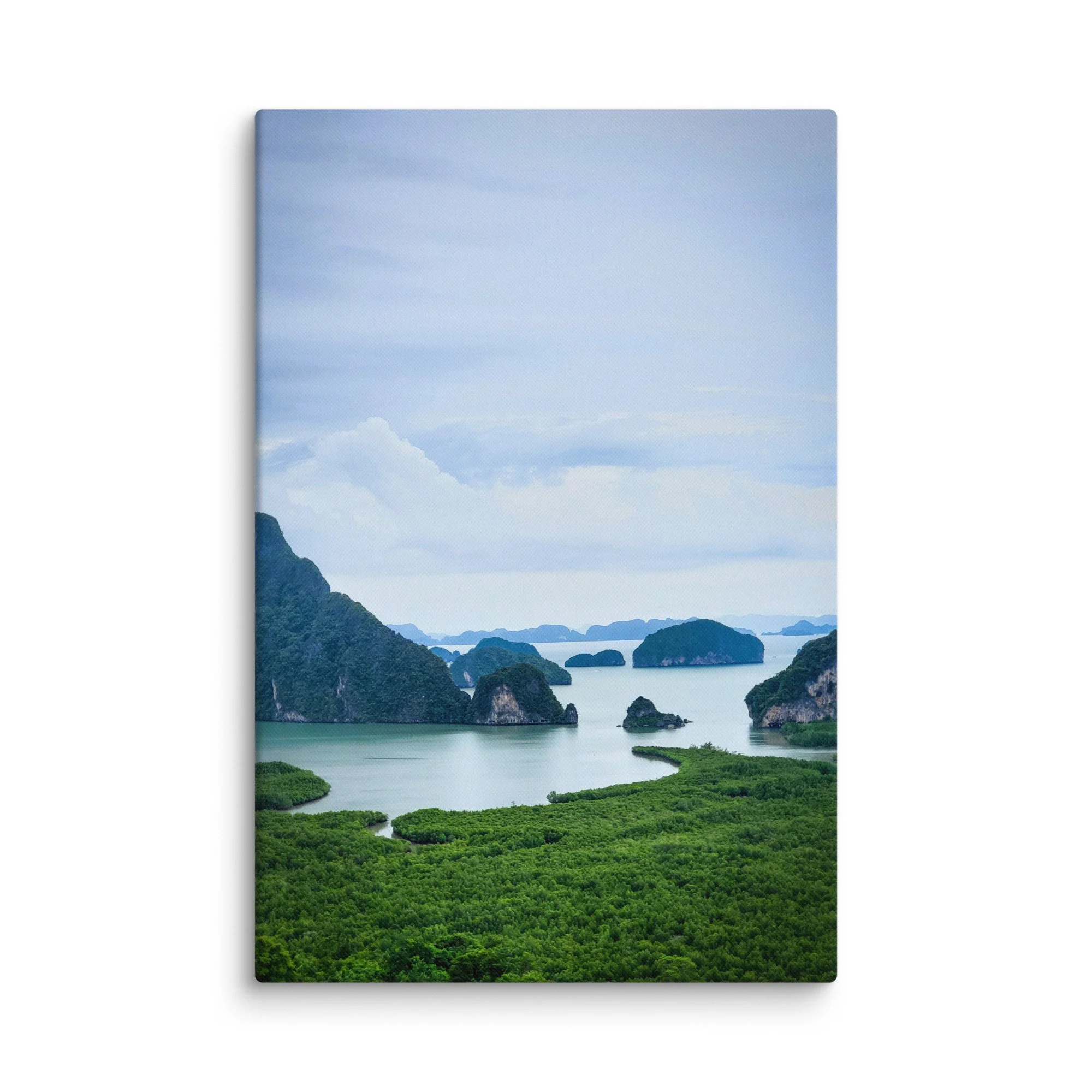 Panoramic view of emerald waters and dramatic limestone karsts in Ha Long Bay, Vietnam, with lush mangroves and misty mountains – tropical travel photography canvas print wall art decor