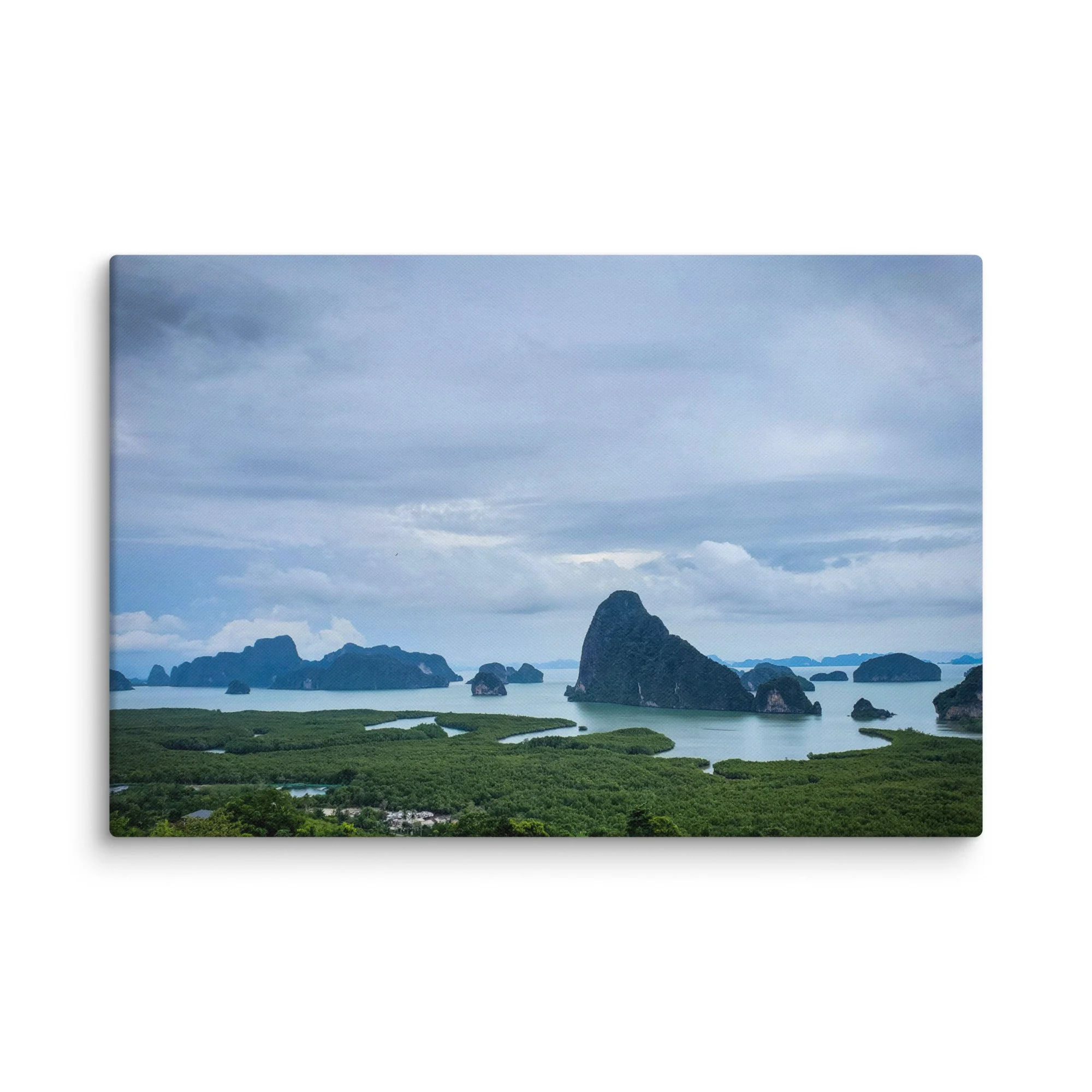 Panoramic view of emerald waters and dramatic limestone karsts in Ha Long Bay, Vietnam, with lush mangroves and misty mountains – tropical travel photography canvas print wall art decor