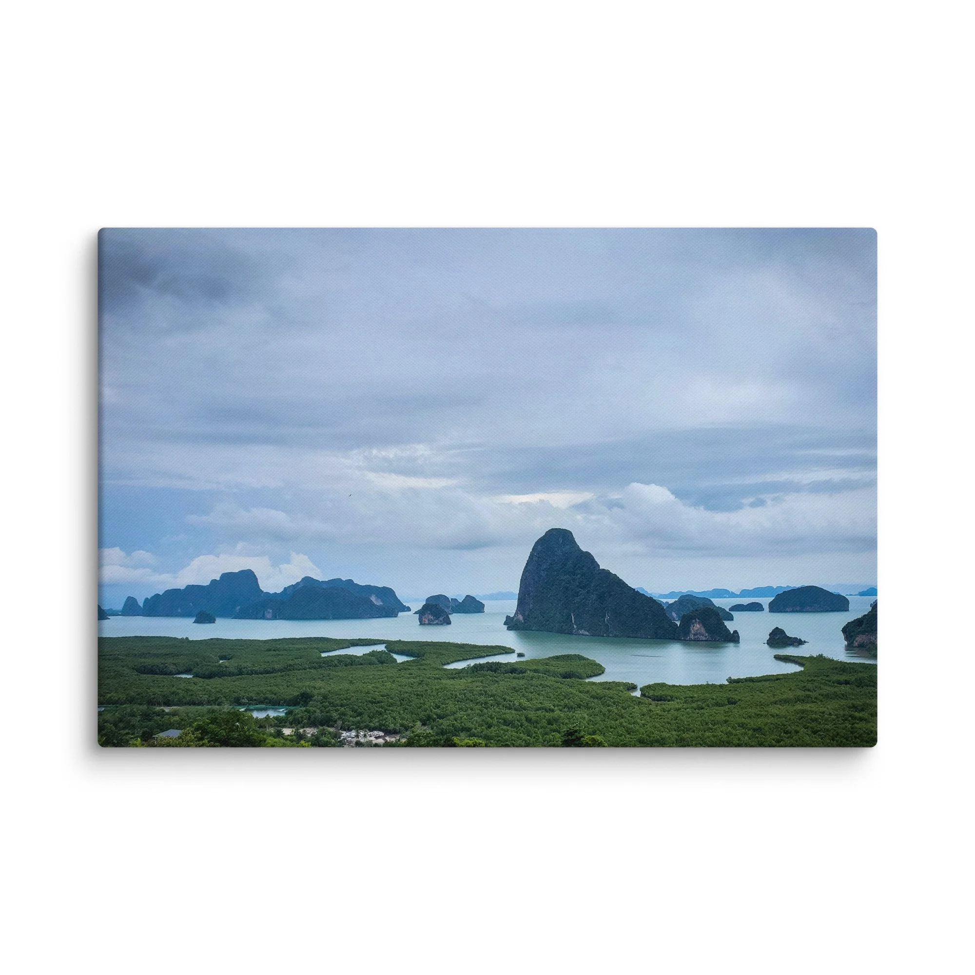 Panoramic view of emerald waters and dramatic limestone karsts in Ha Long Bay, Vietnam, with lush mangroves and misty mountains – tropical travel photography canvas print wall art decor