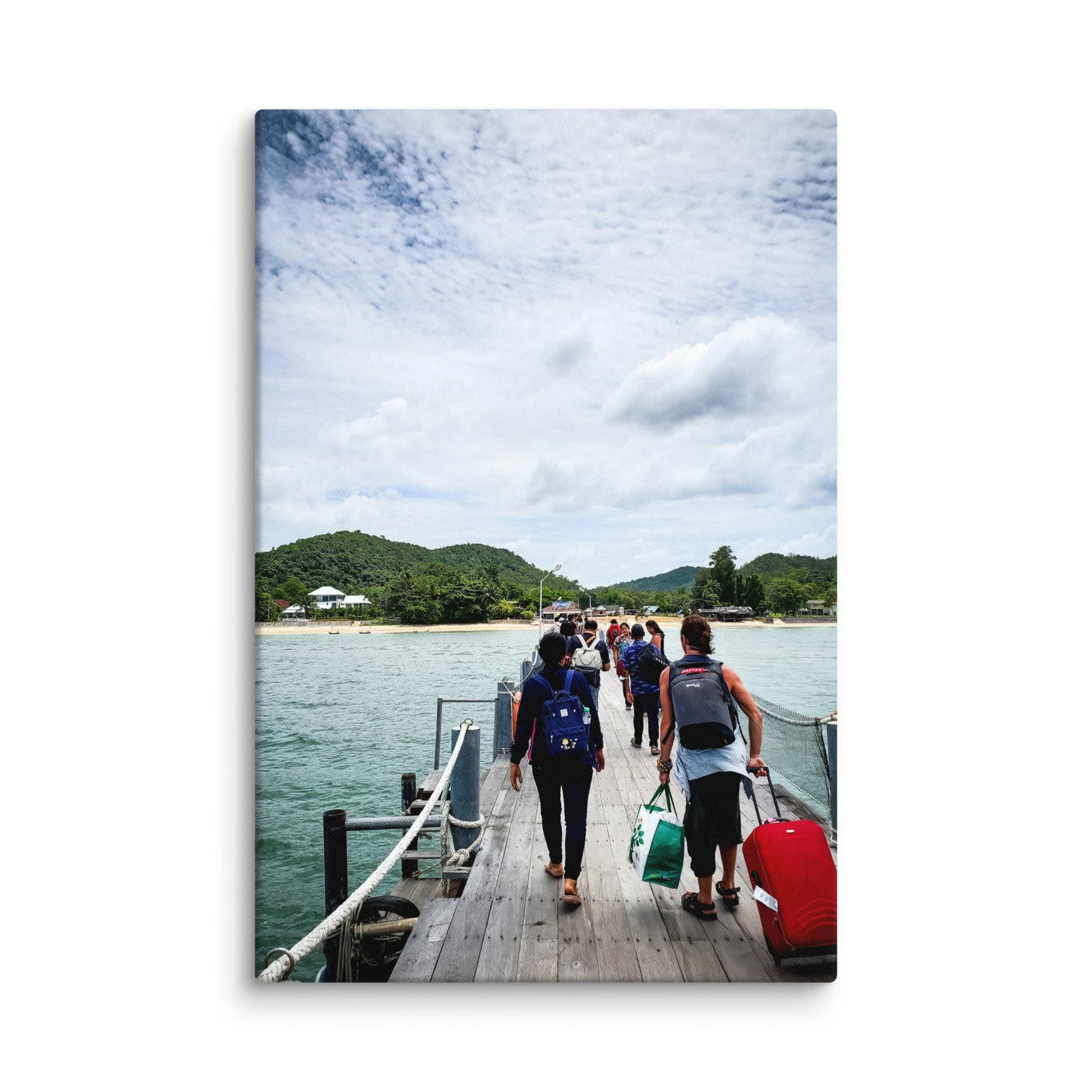 Backpackers walking along a wooden pier toward turquoise waters and longtail boats in Koh Phangan, Thailand – tropical island travel photography canvas print wall art decor