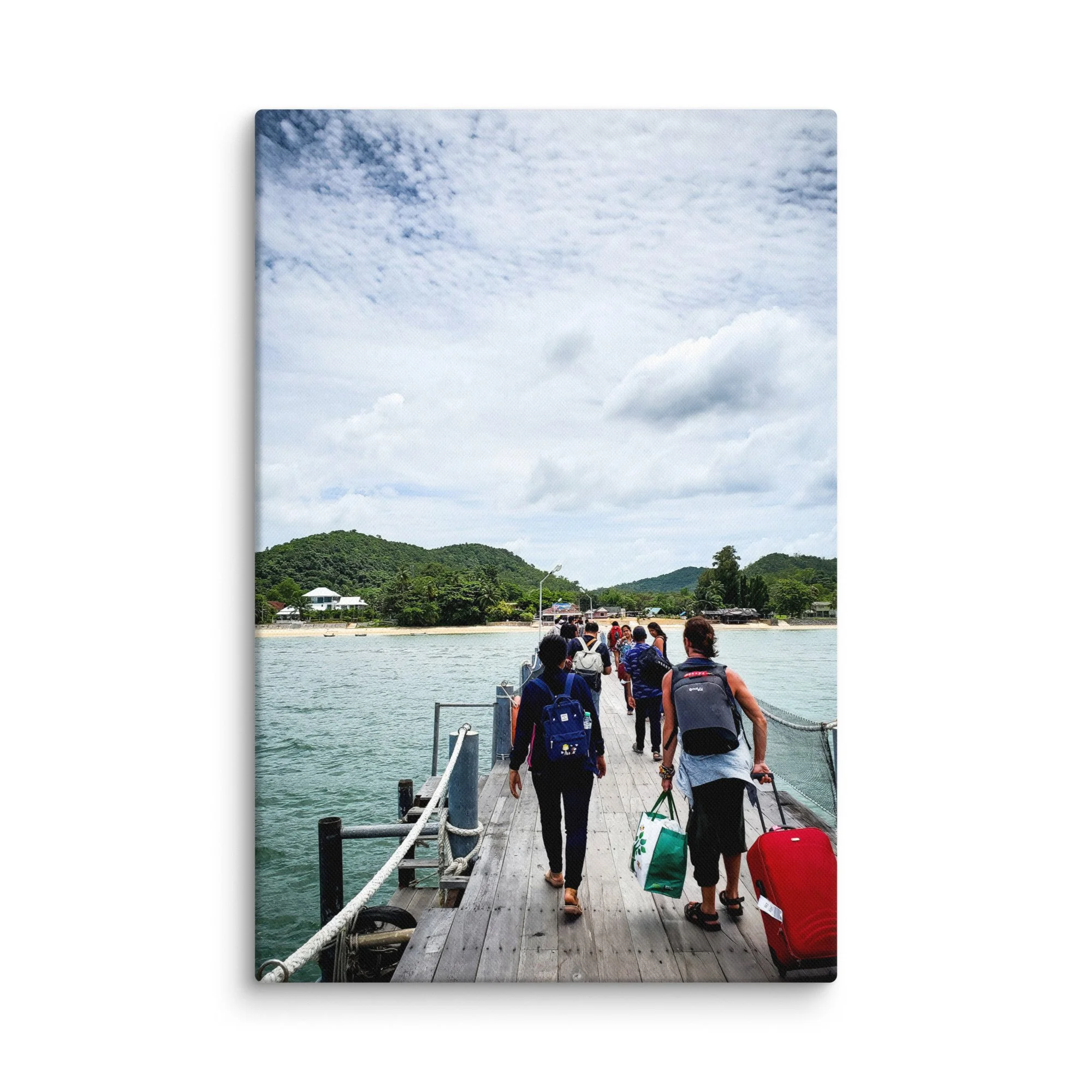 Backpackers walking along a wooden pier toward turquoise waters and longtail boats in Koh Phangan, Thailand – tropical island travel photography canvas print wall art decor