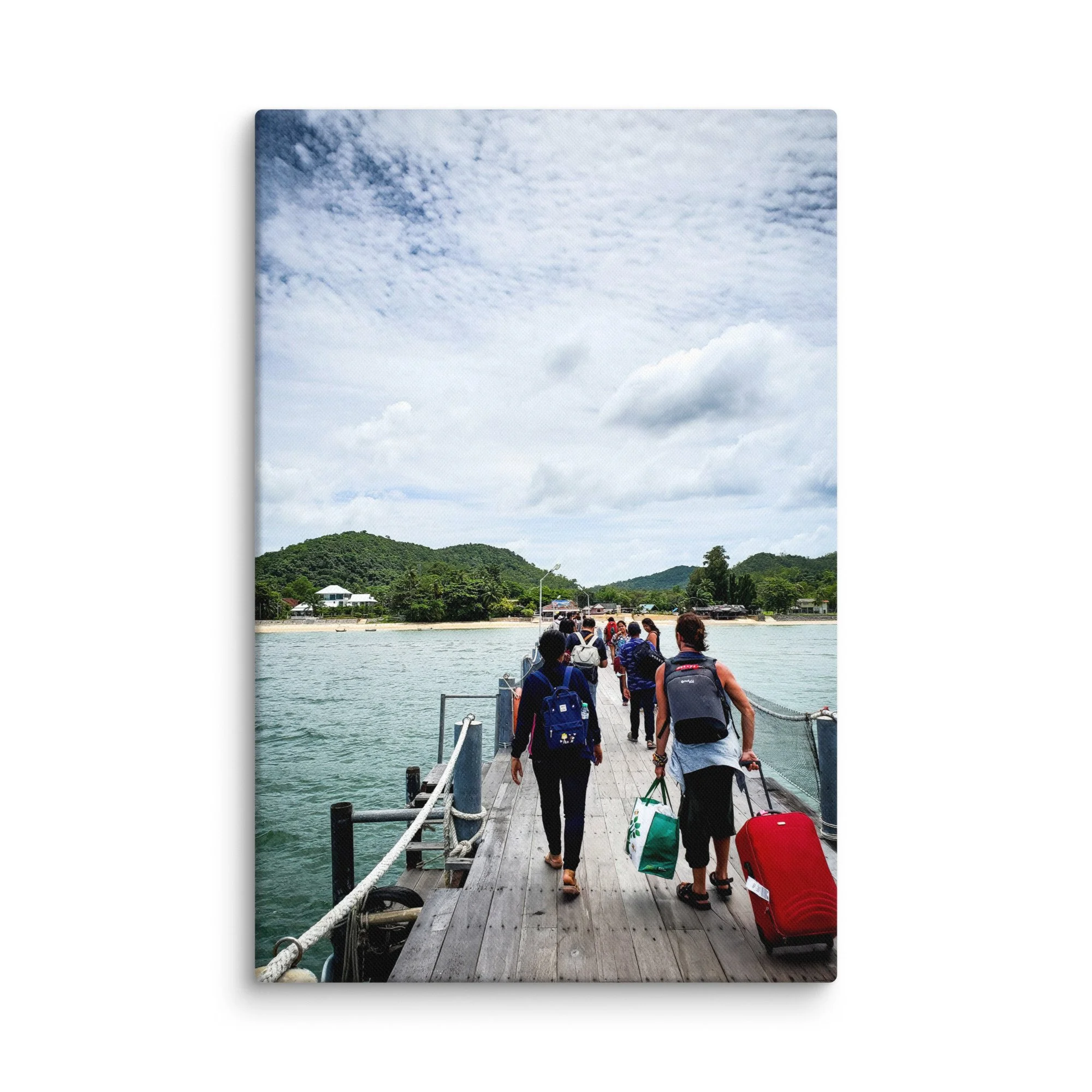 Backpackers walking along a wooden pier toward turquoise waters and longtail boats in Koh Phangan, Thailand – tropical island travel photography canvas print wall art decor