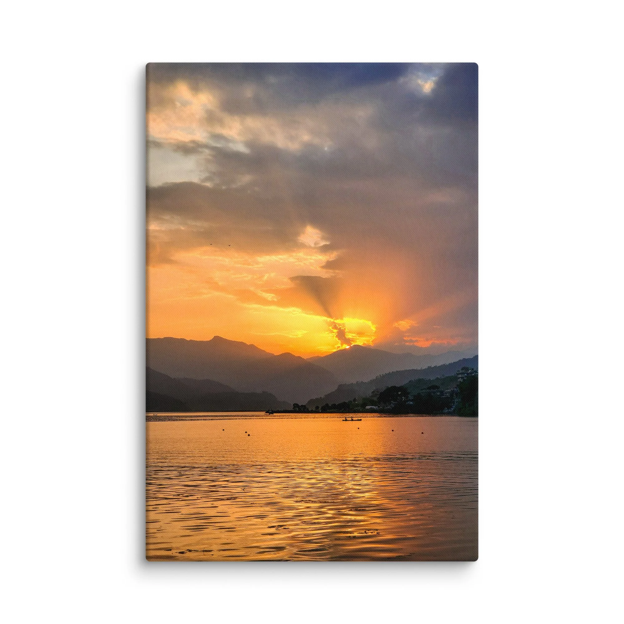 Golden sunrise over serene Phewa Lake with majestic Annapurna mountains in the background, Pokhara, Nepal – Himalayan travel photography canvas print wall art decor