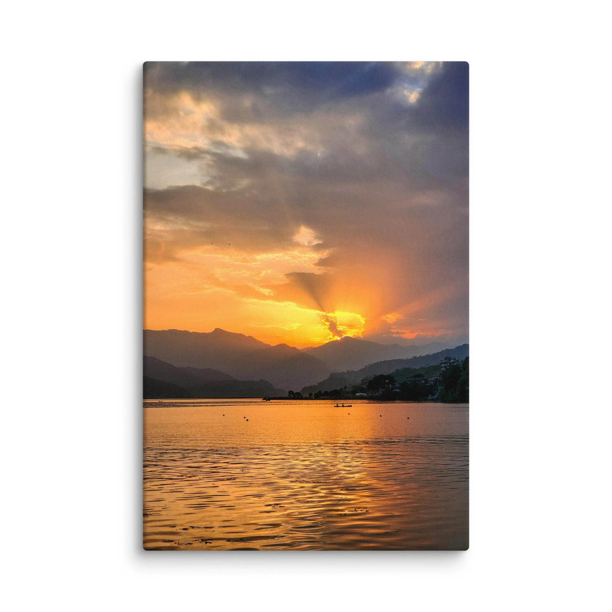 Golden sunrise over serene Phewa Lake with majestic Annapurna mountains in the background, Pokhara, Nepal – Himalayan travel photography canvas print wall art decor