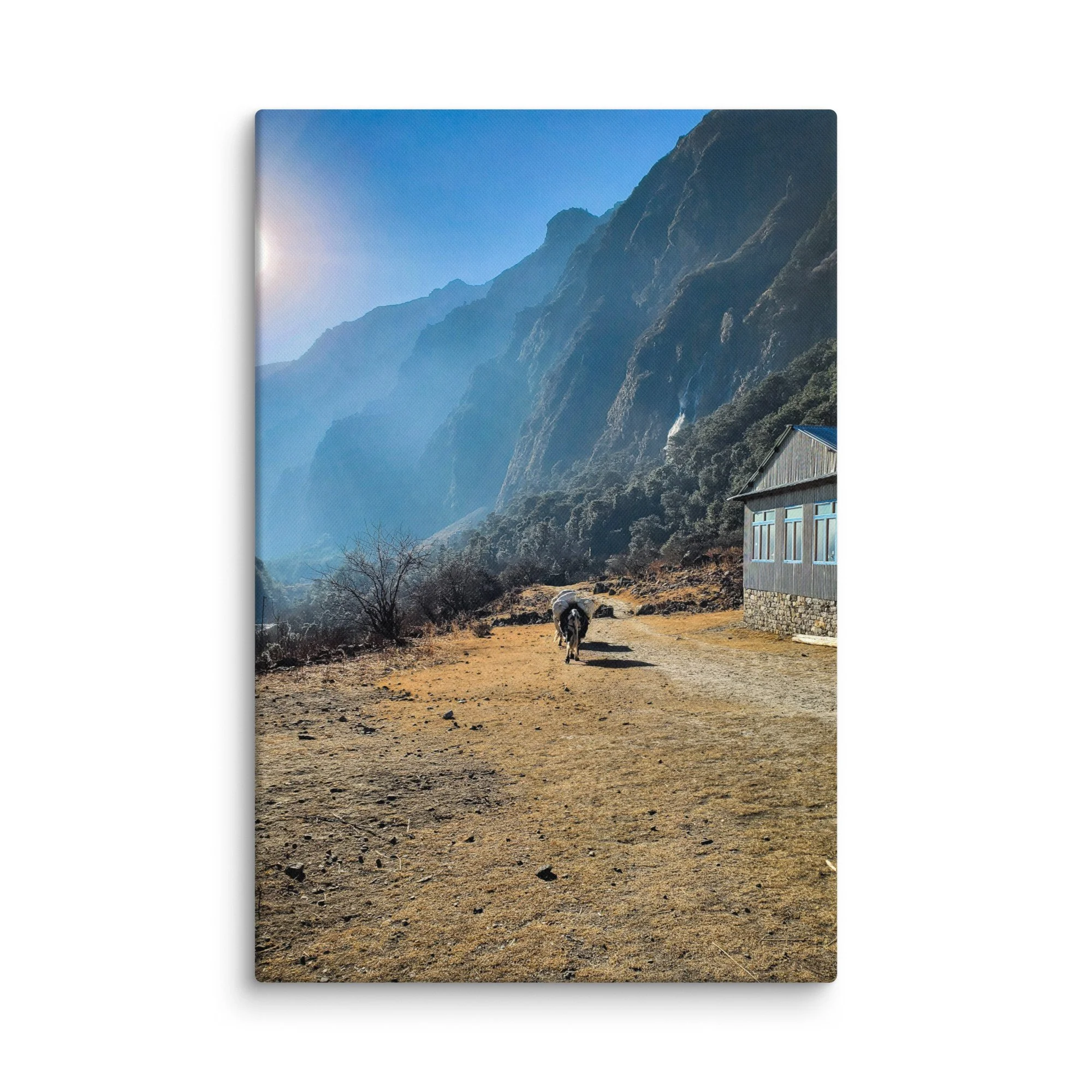 Laden yak walking along a mountain path in Langtang Valley, Nepal, with towering peaks, waterfalls and traditional lodges under blue sky – Himalayan trekking travel photography canvas