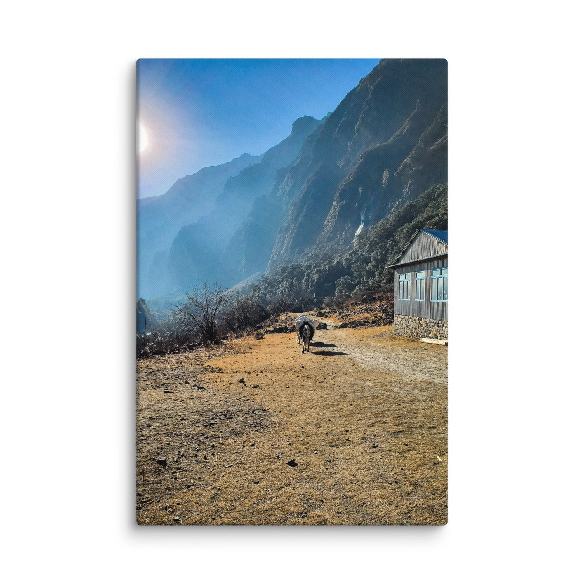 Laden yak walking along a mountain path in Langtang Valley, Nepal, with towering peaks, waterfalls and traditional lodges under blue sky – Himalayan trekking travel photography canvas