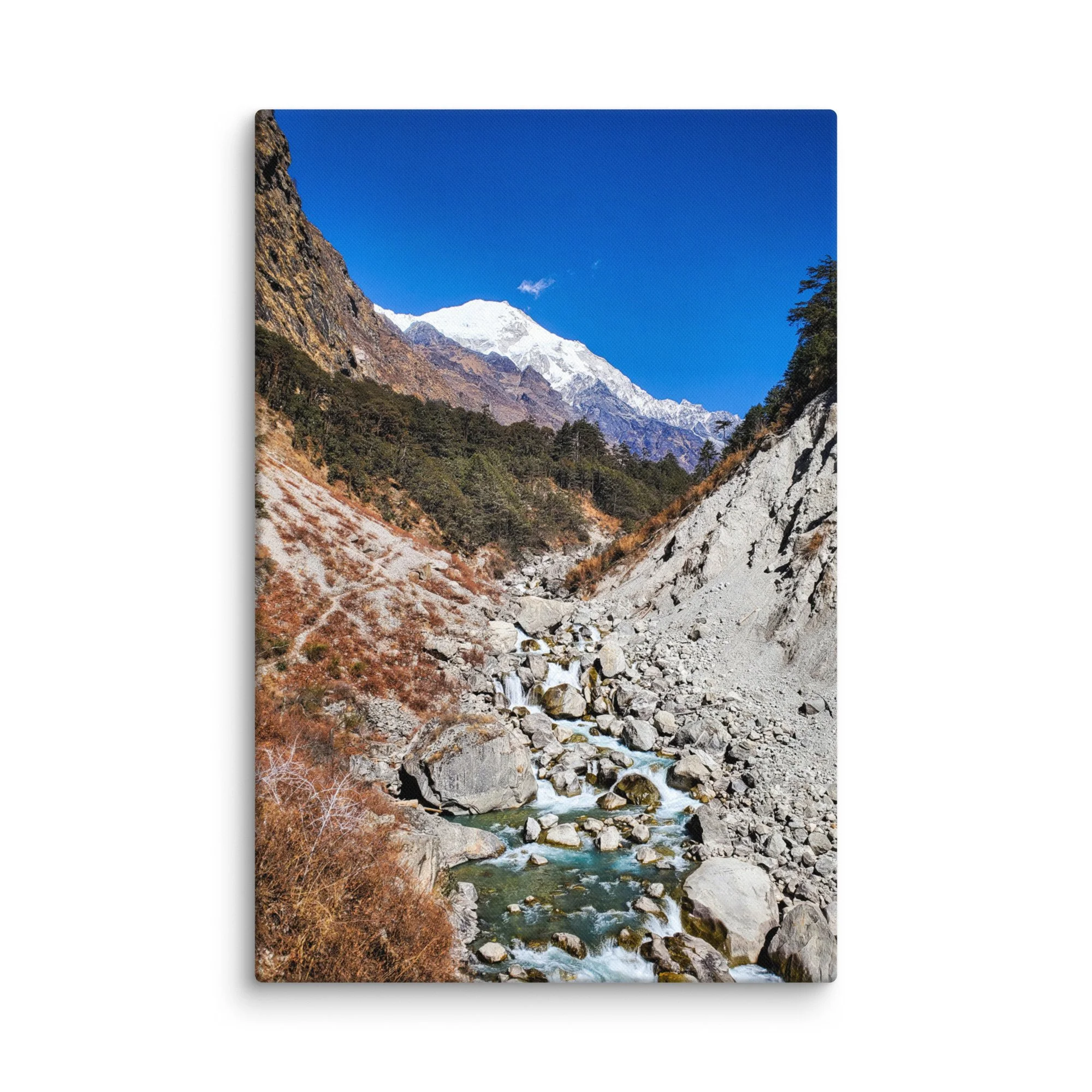 Crystal-clear turquoise Langtang River flowing through rocky gorge with majestic snow-capped peaks and pine forests, Langtang Valley, Nepal – Himalayan trekking travel photography