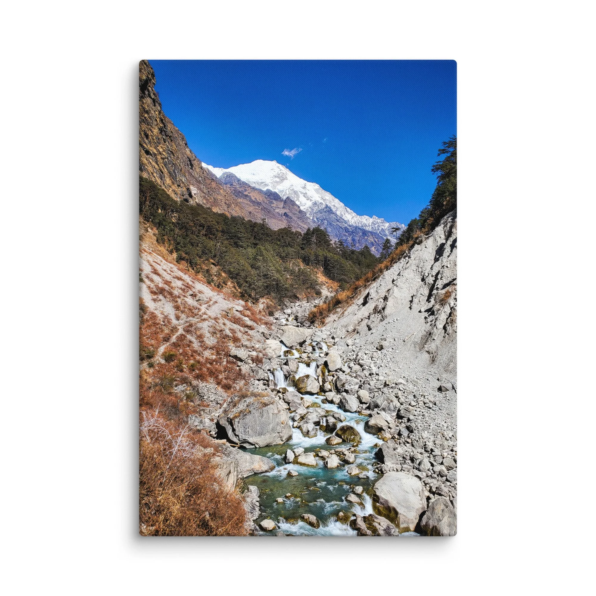 Crystal-clear turquoise Langtang River flowing through rocky gorge with majestic snow-capped peaks and pine forests, Langtang Valley, Nepal – Himalayan trekking travel photography