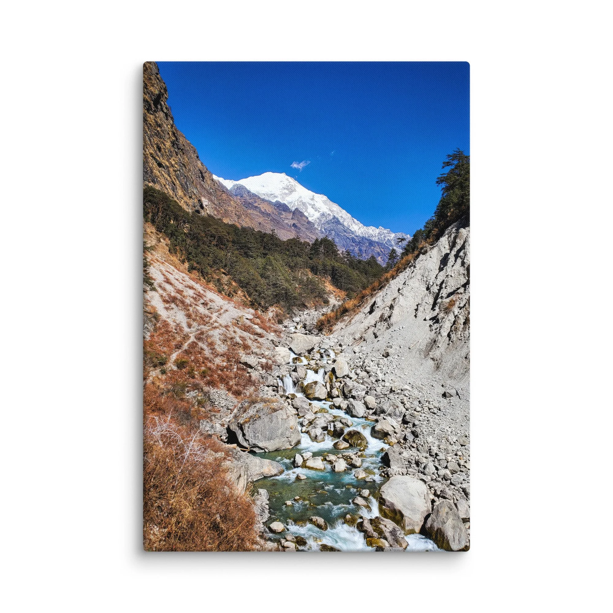 Crystal-clear turquoise Langtang River flowing through rocky gorge with majestic snow-capped peaks and pine forests, Langtang Valley, Nepal – Himalayan trekking travel photography