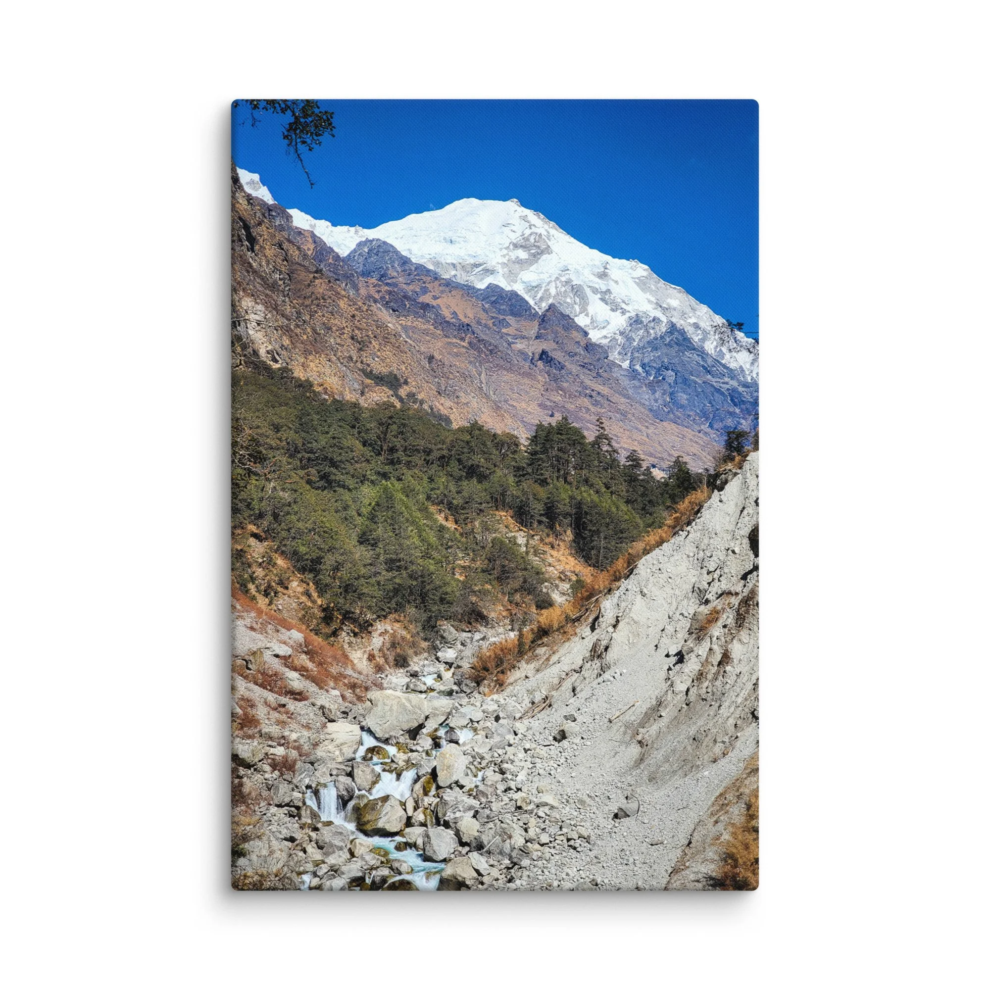 Crystal-clear turquoise Langtang River flowing through rocky gorge with majestic snow-capped peaks and pine forests, Langtang Valley, Nepal – Himalayan trekking travel photography