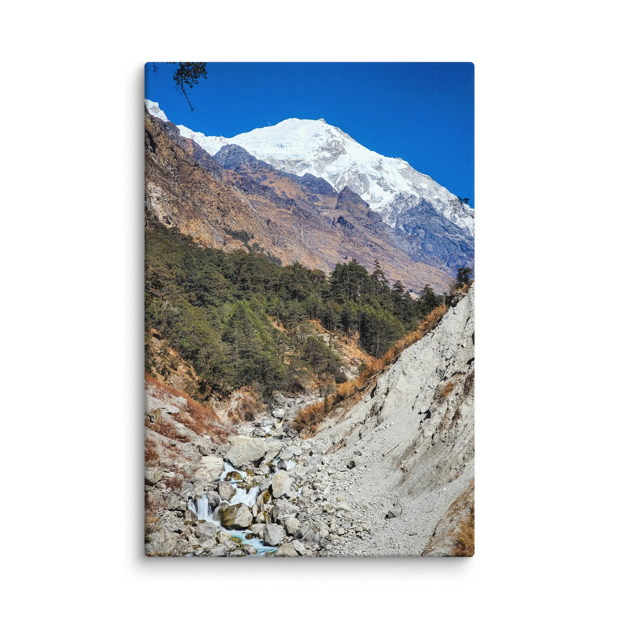 Crystal-clear turquoise Langtang River flowing through rocky gorge with majestic snow-capped peaks and pine forests, Langtang Valley, Nepal – Himalayan trekking travel photography