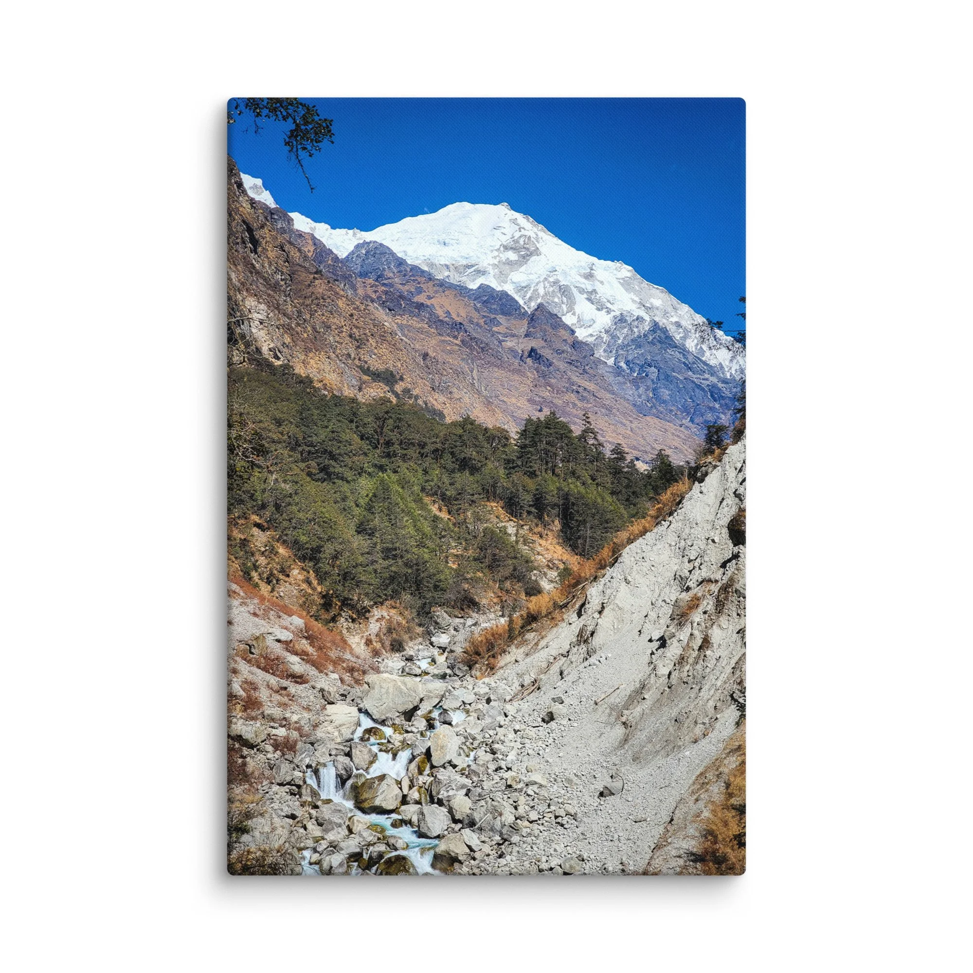 Crystal-clear turquoise Langtang River flowing through rocky gorge with majestic snow-capped peaks and pine forests, Langtang Valley, Nepal – Himalayan trekking travel photography