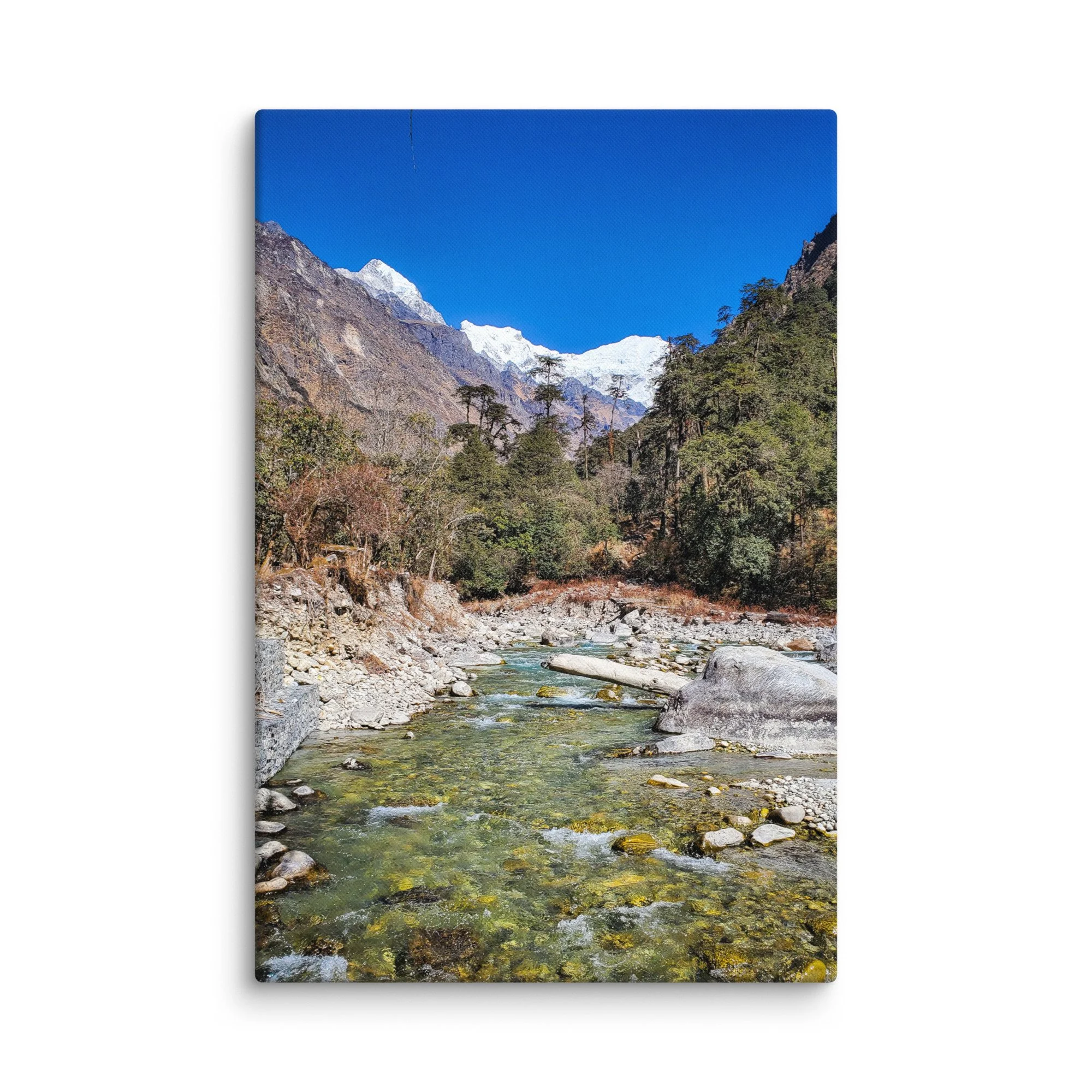 Crystal-clear turquoise Langtang River flowing through rocky gorge with majestic snow-capped peaks and pine forests, Langtang Valley, Nepal – Himalayan trekking travel photography