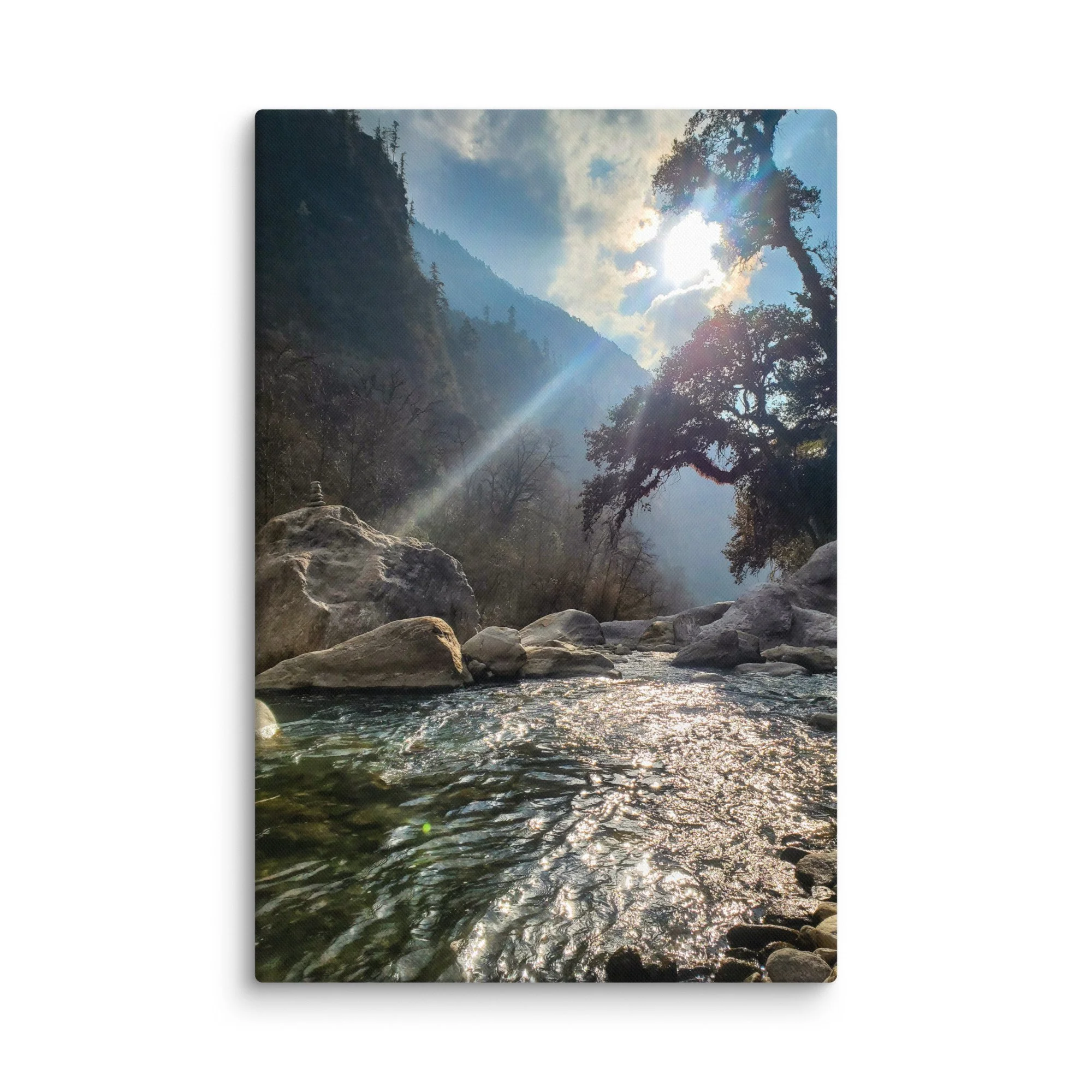 Crystal-clear turquoise Langtang River flowing through rocky gorge with majestic snow-capped peaks and pine forests under golden sunlight, Langtang Valley, Nepal – Himalayan trekking