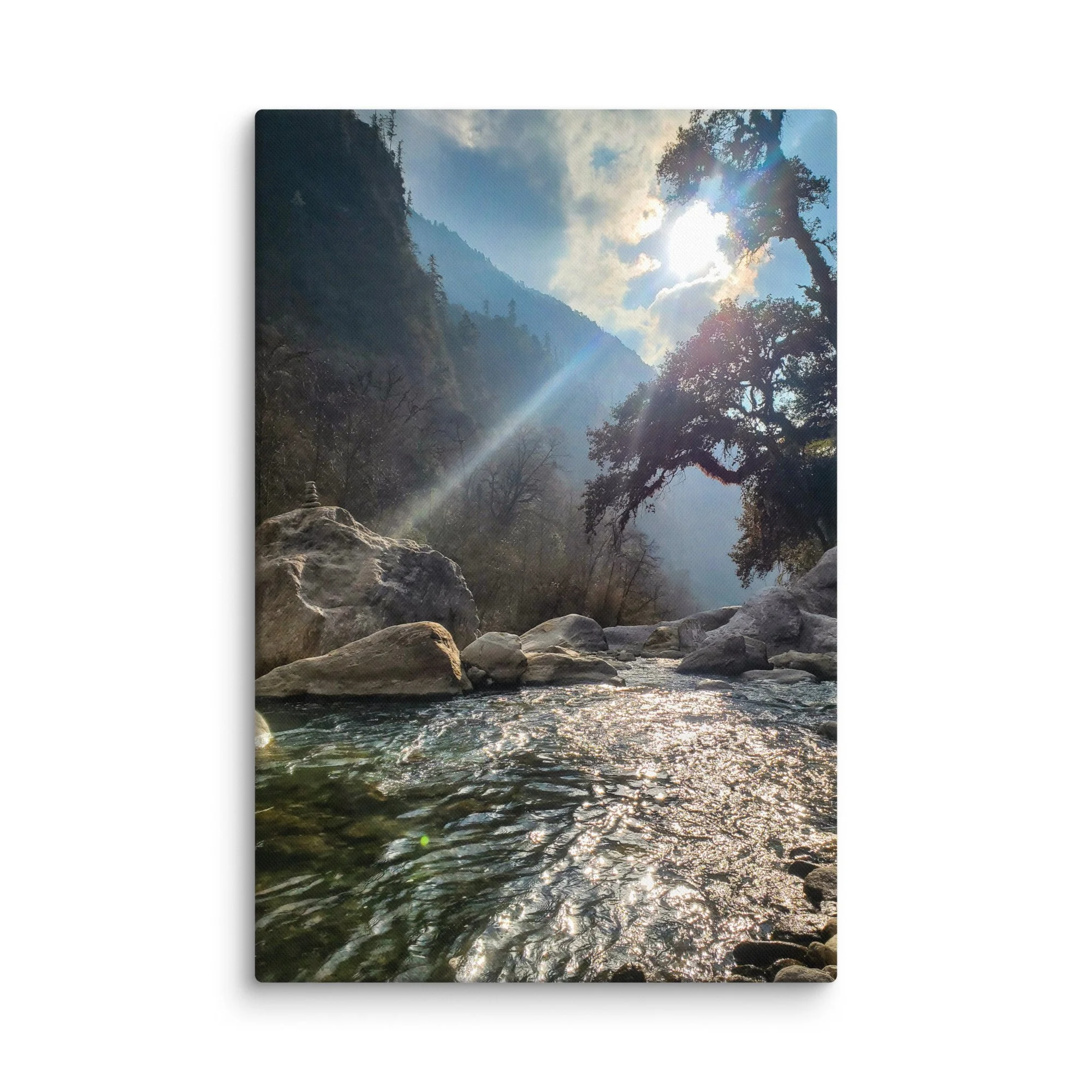 Crystal-clear turquoise Langtang River flowing through rocky gorge with majestic snow-capped peaks and pine forests under golden sunlight, Langtang Valley, Nepal – Himalayan trekking