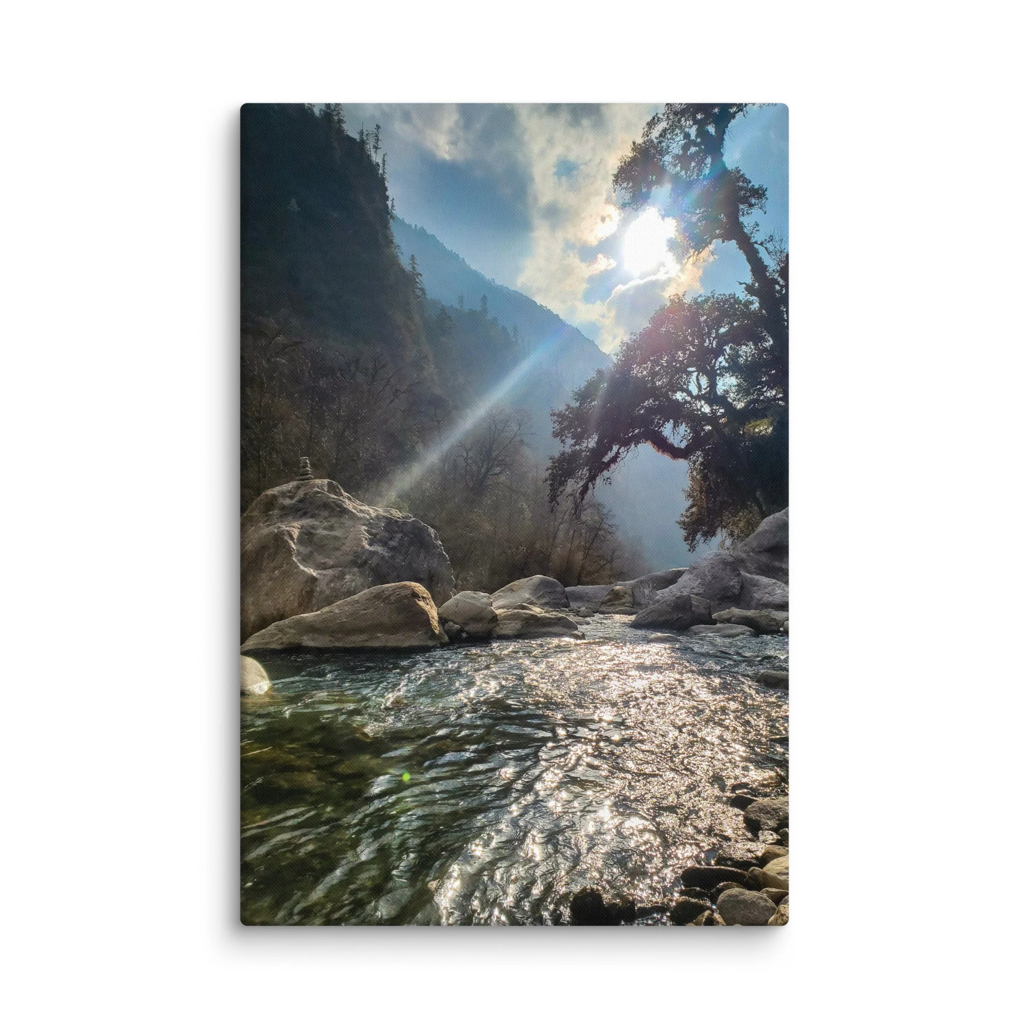 Crystal-clear turquoise Langtang River flowing through rocky gorge with majestic snow-capped peaks and pine forests under golden sunlight, Langtang Valley, Nepal – Himalayan trekking