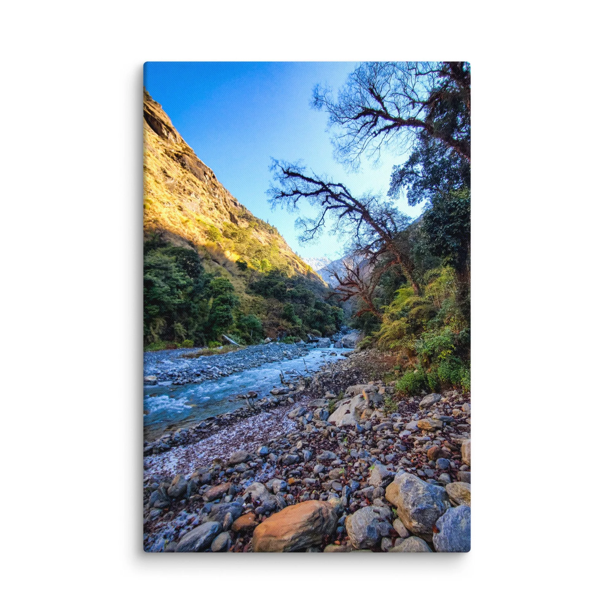 Crystal-clear turquoise Langtang River flowing through rocky gorge with majestic snow-capped peaks and pine forests under golden sunlight, Langtang Valley, Nepal – Himalayan trekking