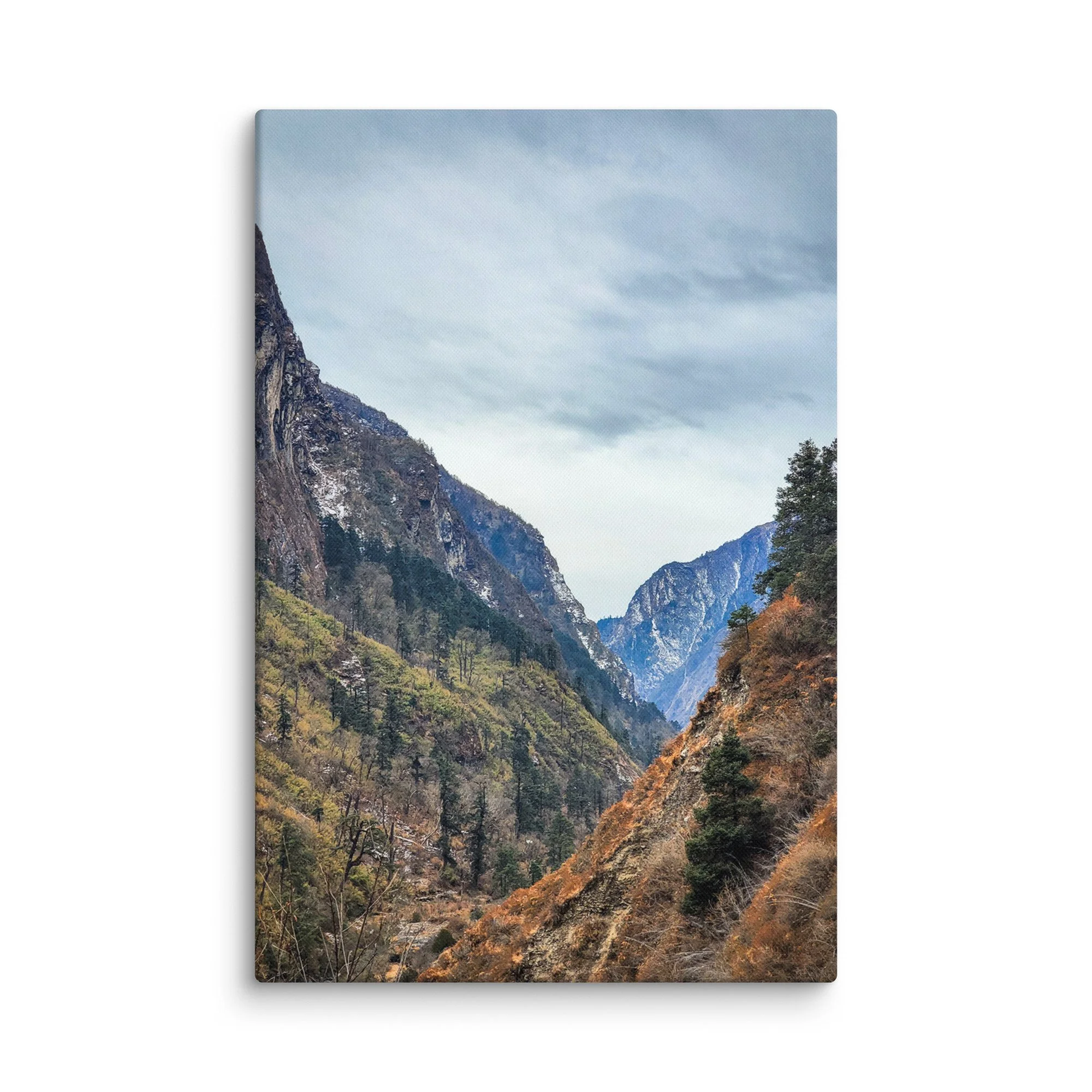 Dramatic deep gorge in Langtang Valley with towering snow-capped peaks, pine forests and rocky riverbed under blue sky, Nepal – Himalayan trekking travel photography canvas print