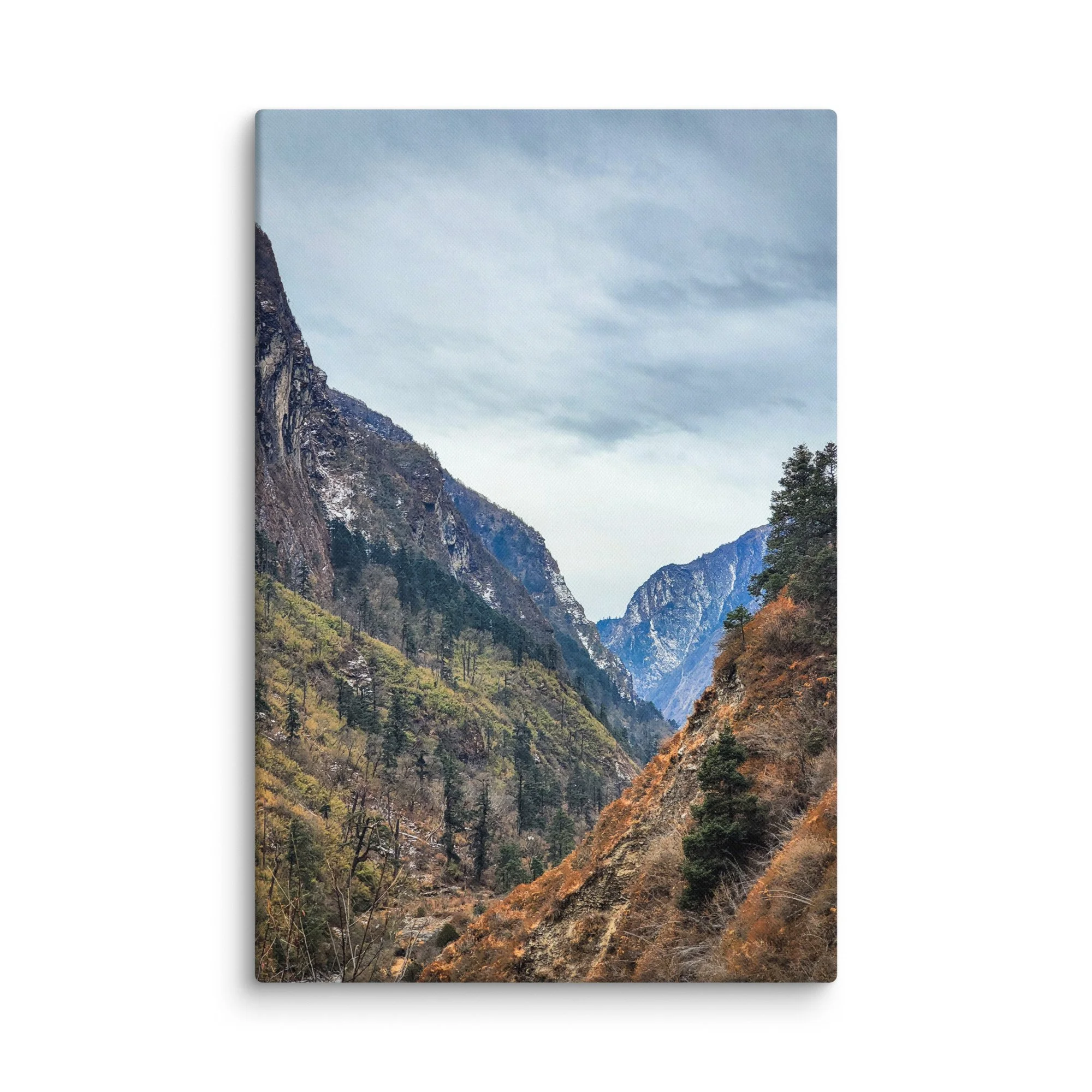 Dramatic deep gorge in Langtang Valley with towering snow-capped peaks, pine forests and rocky riverbed under blue sky, Nepal – Himalayan trekking travel photography canvas print