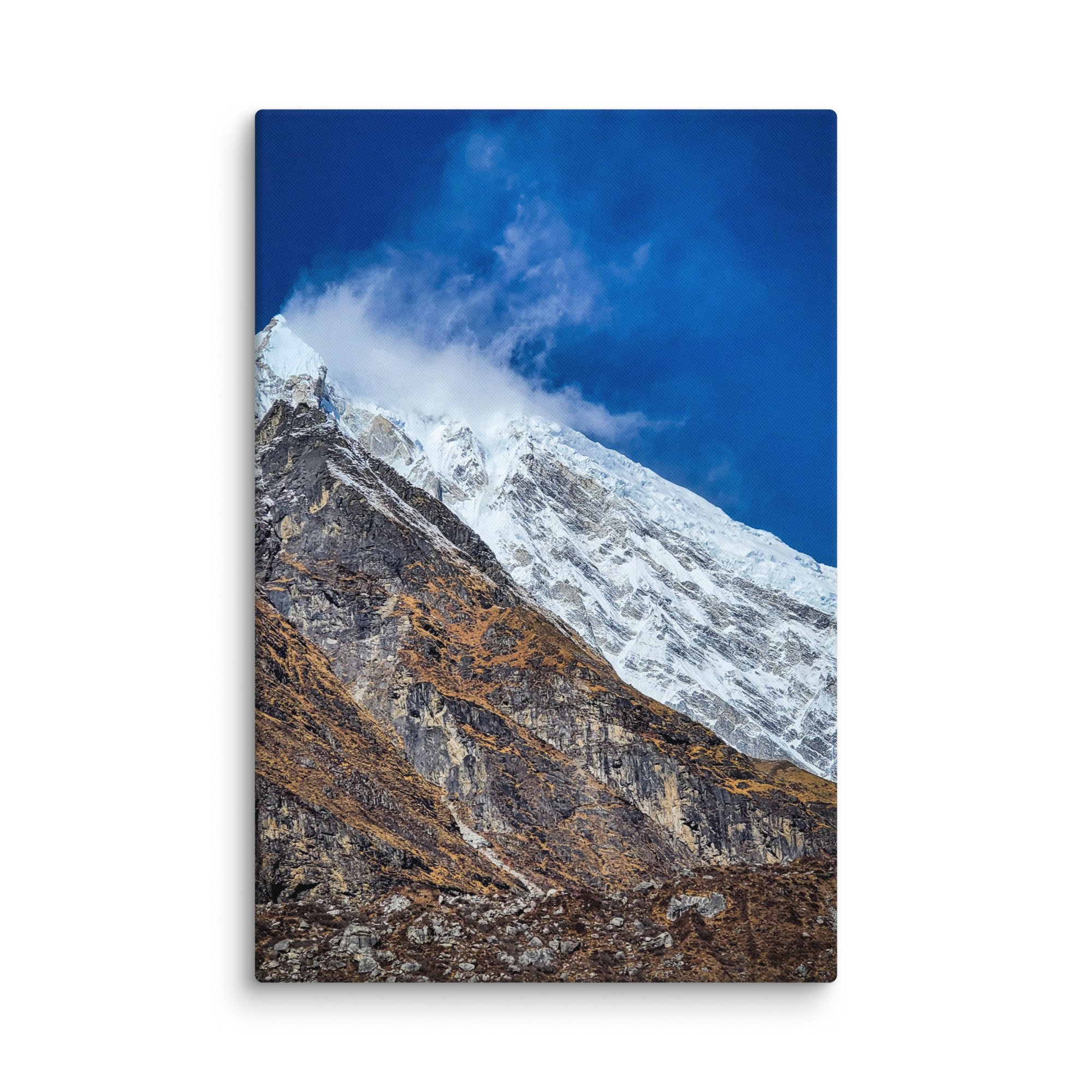 Majestic snow-covered Langtang Lirung peak towering against brilliant blue sky in Langtang Valley, Nepal – Himalayan trekking travel photography canvas print wall art decor