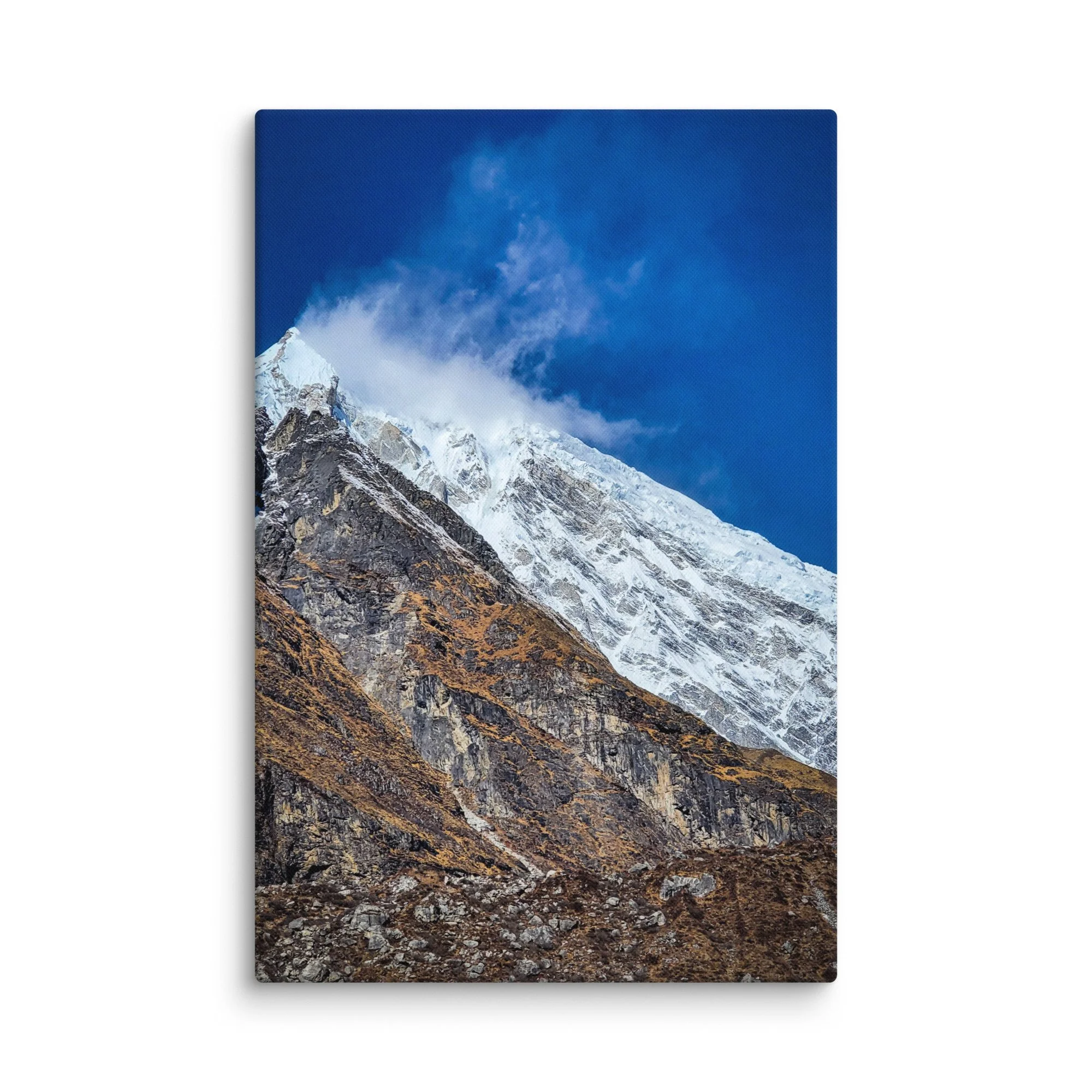 Majestic snow-covered Langtang Lirung peak towering against brilliant blue sky in Langtang Valley, Nepal – Himalayan trekking travel photography canvas print wall art decor