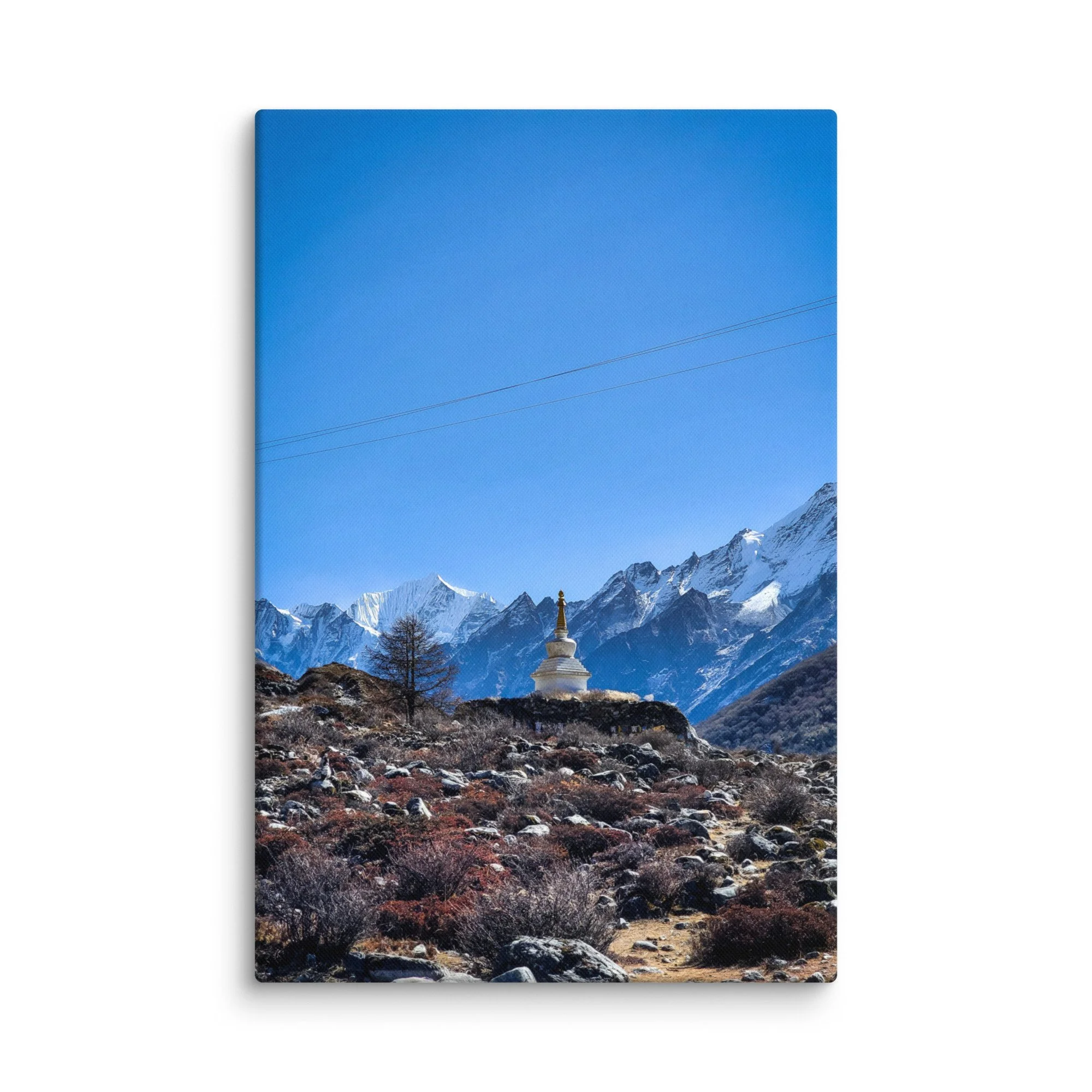 White Buddhist stupa at Kyanjin Gompa in Langtang Valley, Nepal, with majestic snow-capped Himalayan peaks under brilliant blue sky – trekking travel photography canvas print wall art