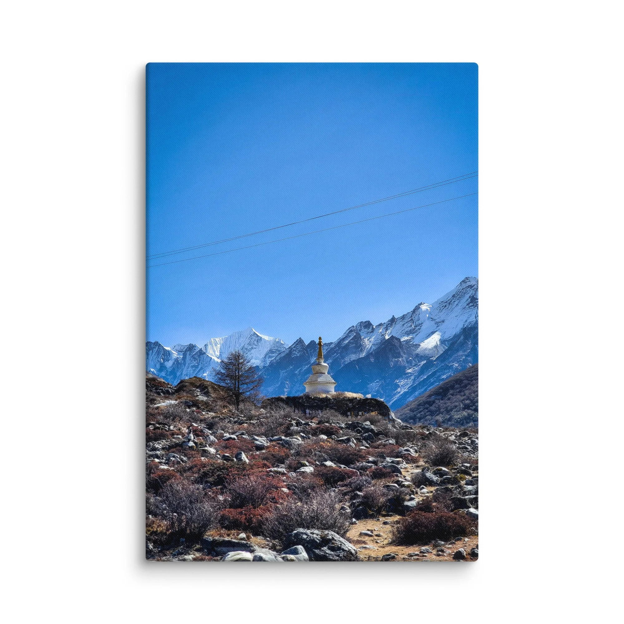 White Buddhist stupa at Kyanjin Gompa in Langtang Valley, Nepal, with majestic snow-capped Himalayan peaks under brilliant blue sky – trekking travel photography canvas print wall art