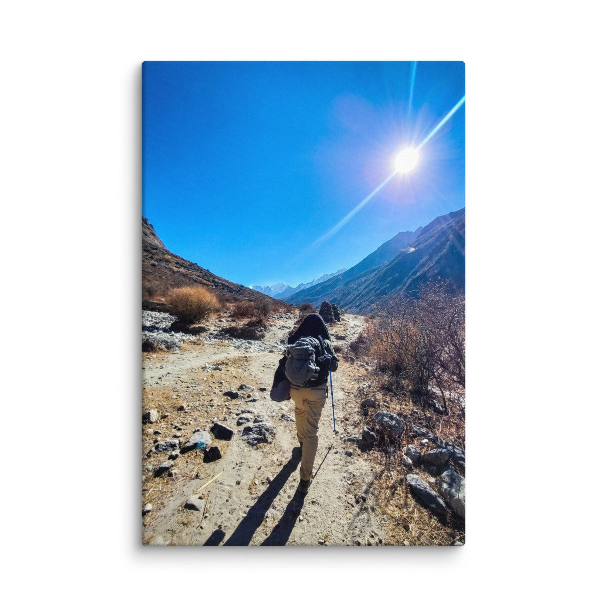 Lone trekker with backpack walking along sunny high-altitude trail in Langtang Valley, Nepal, with dramatic snow-capped peaks and rocky gorge – Himalayan trekking travel photography