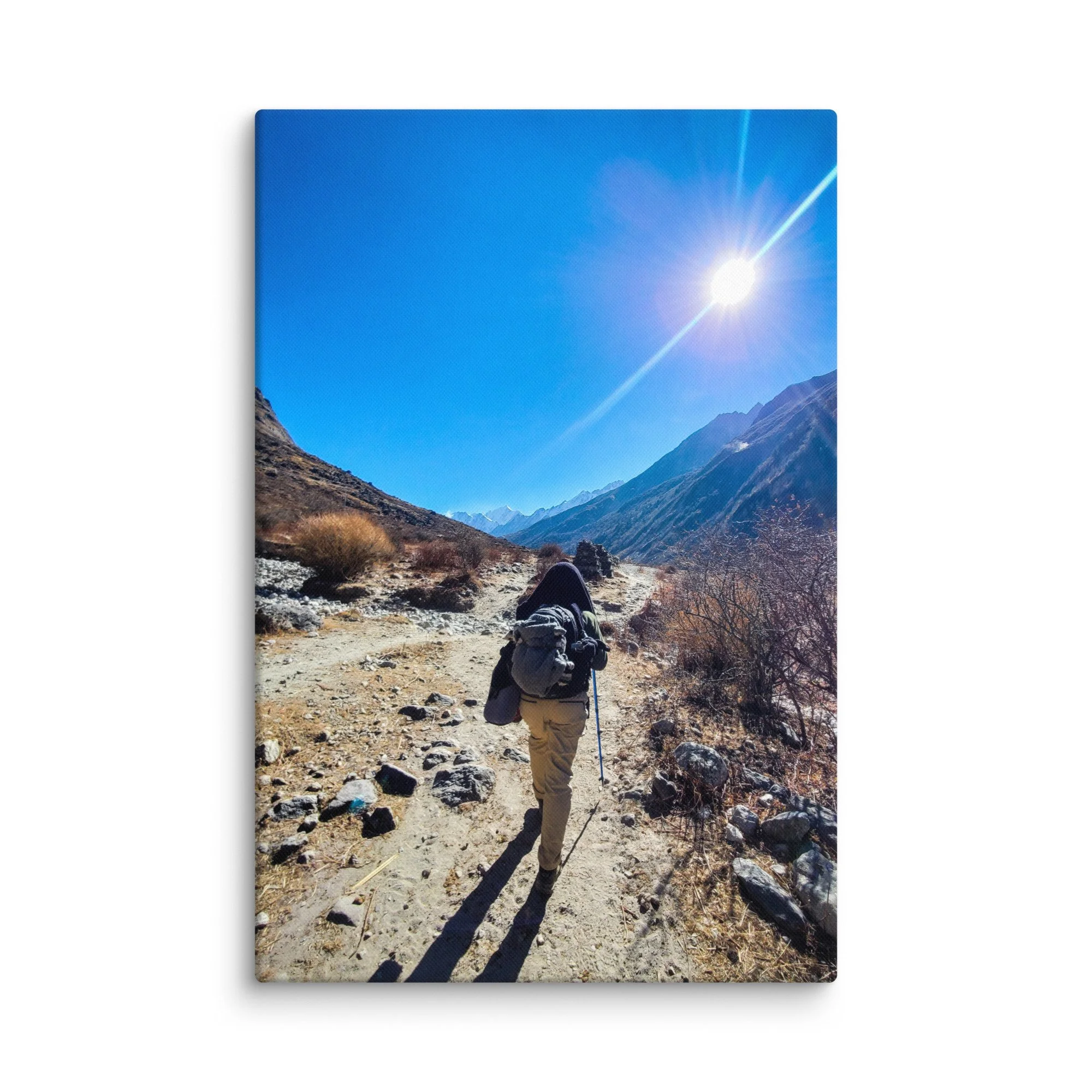 Lone trekker with backpack walking along sunny high-altitude trail in Langtang Valley, Nepal, with dramatic snow-capped peaks and rocky gorge – Himalayan trekking travel photography