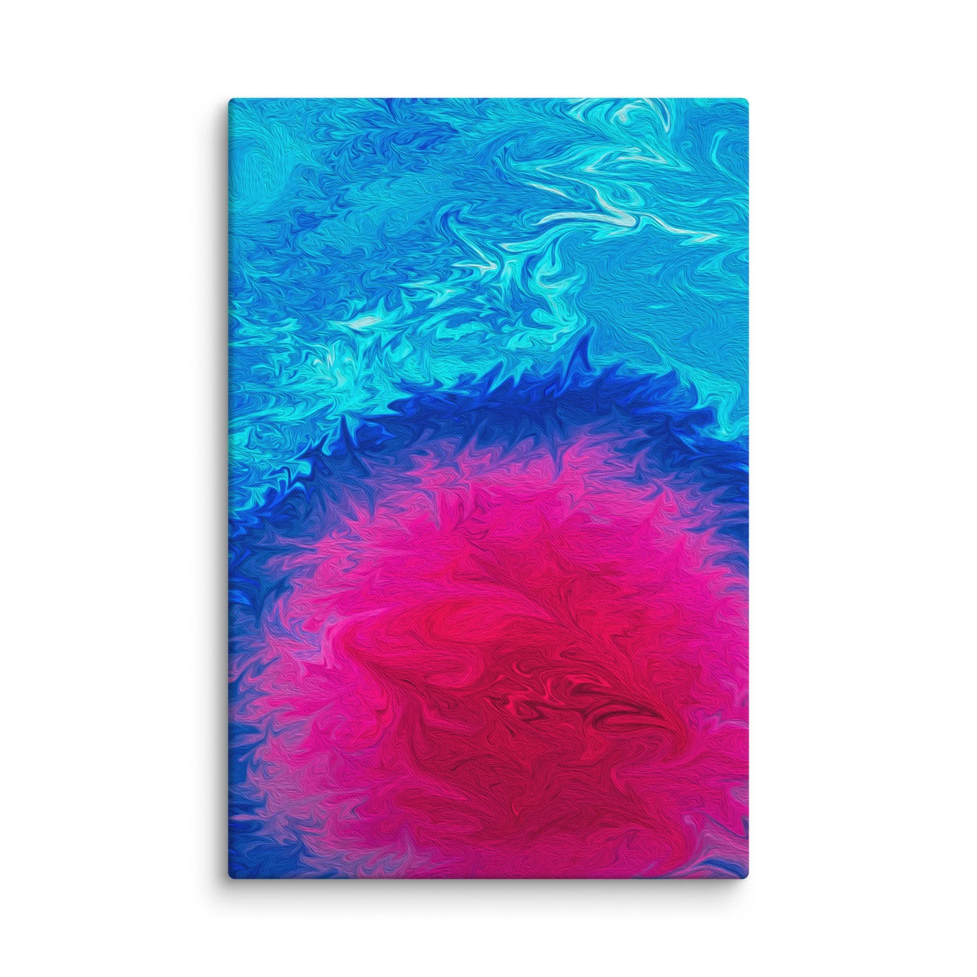 Vibrant psychedelic abstract canvas art with swirling blue turquoise to hot pink fluid marbling patterns, cosmic energy flow, modern wall decor print