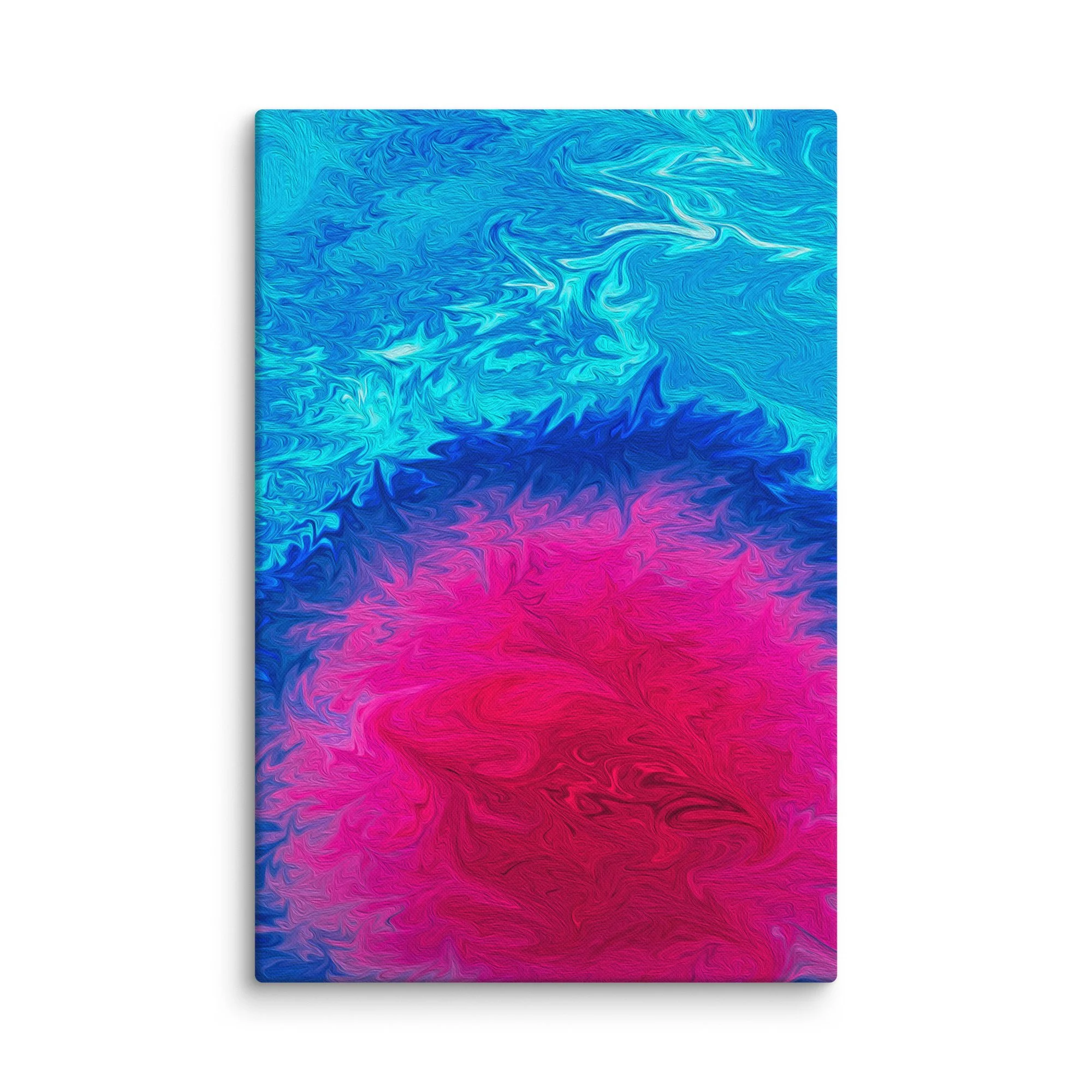 Vibrant psychedelic abstract canvas art with swirling blue turquoise to hot pink fluid marbling patterns, cosmic energy flow, modern wall decor print