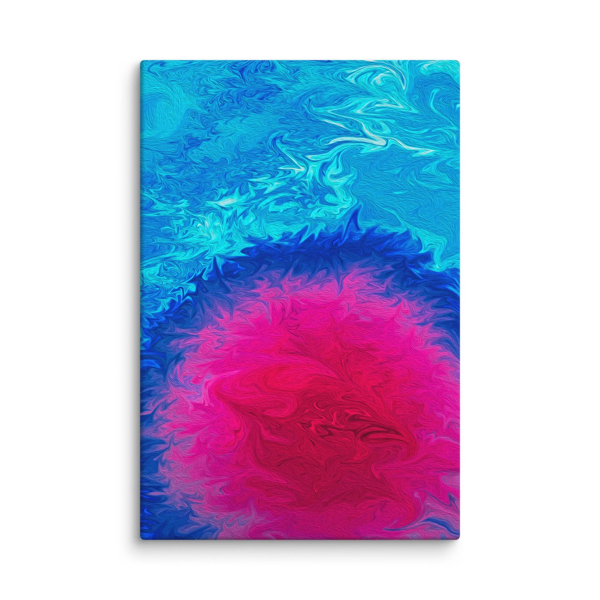 Vibrant psychedelic abstract canvas art with swirling blue turquoise to hot pink fluid marbling patterns, cosmic energy flow, modern wall decor print