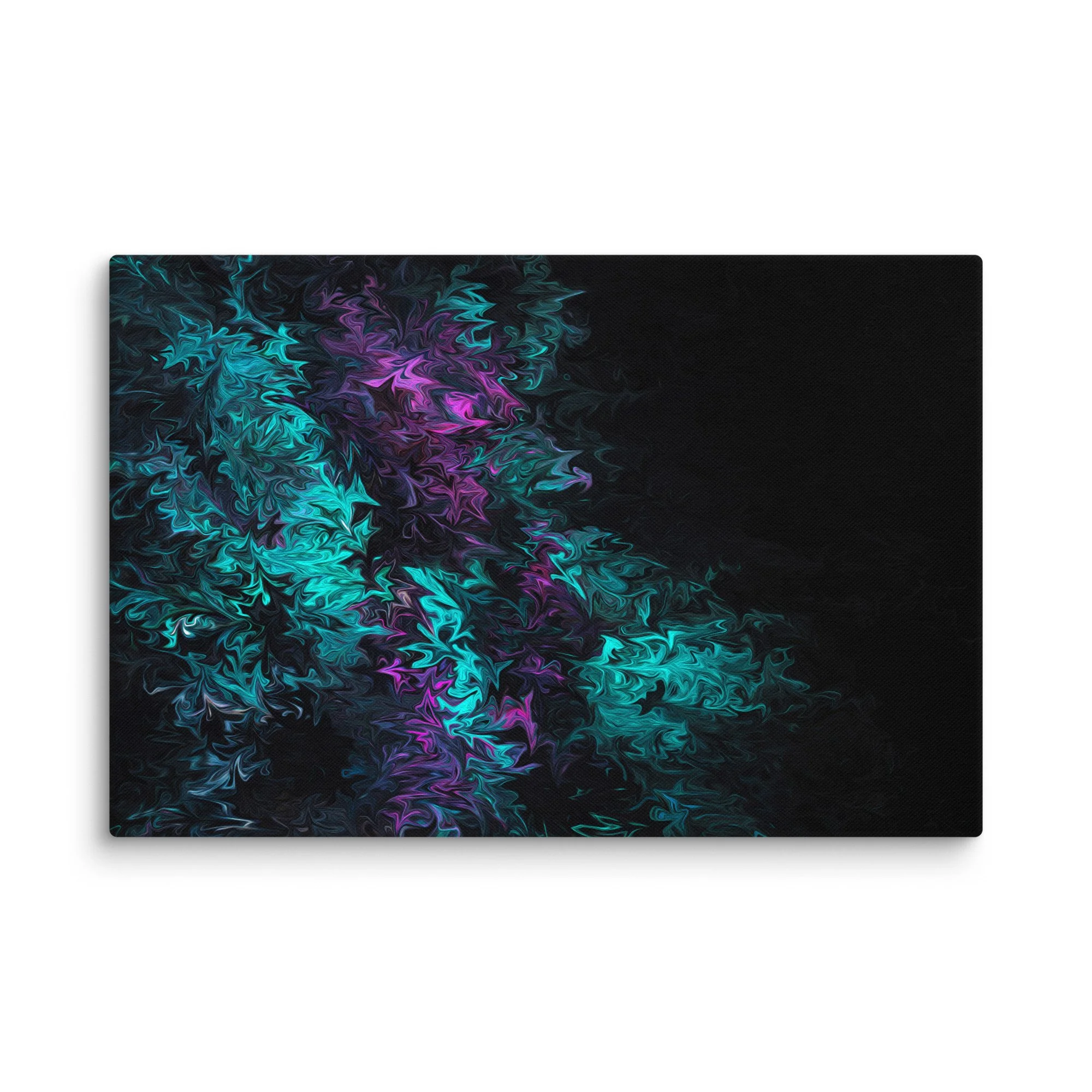 Psychedelic abstract canvas with teal turquoise purple magenta fluid swirls on black nebula background, cosmic vortex energy wall art print