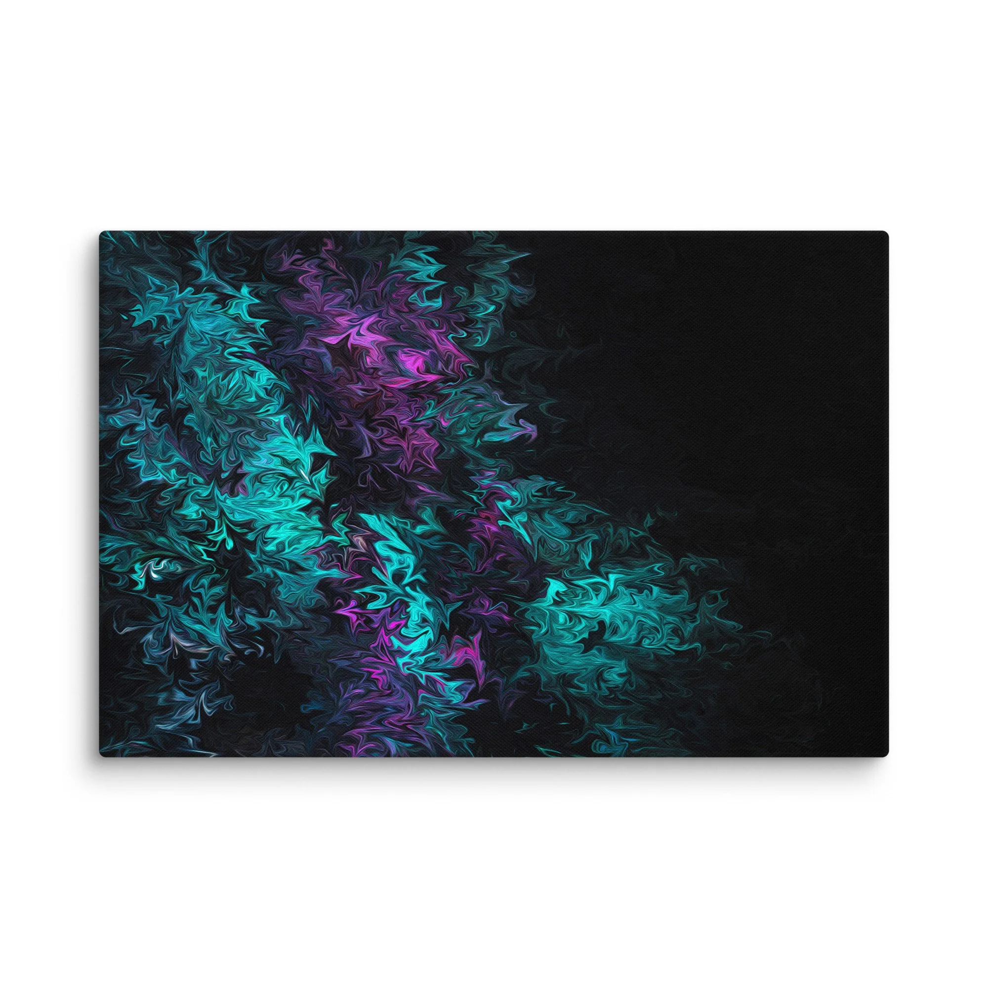 Psychedelic abstract canvas with teal turquoise purple magenta fluid swirls on black nebula background, cosmic vortex energy wall art print