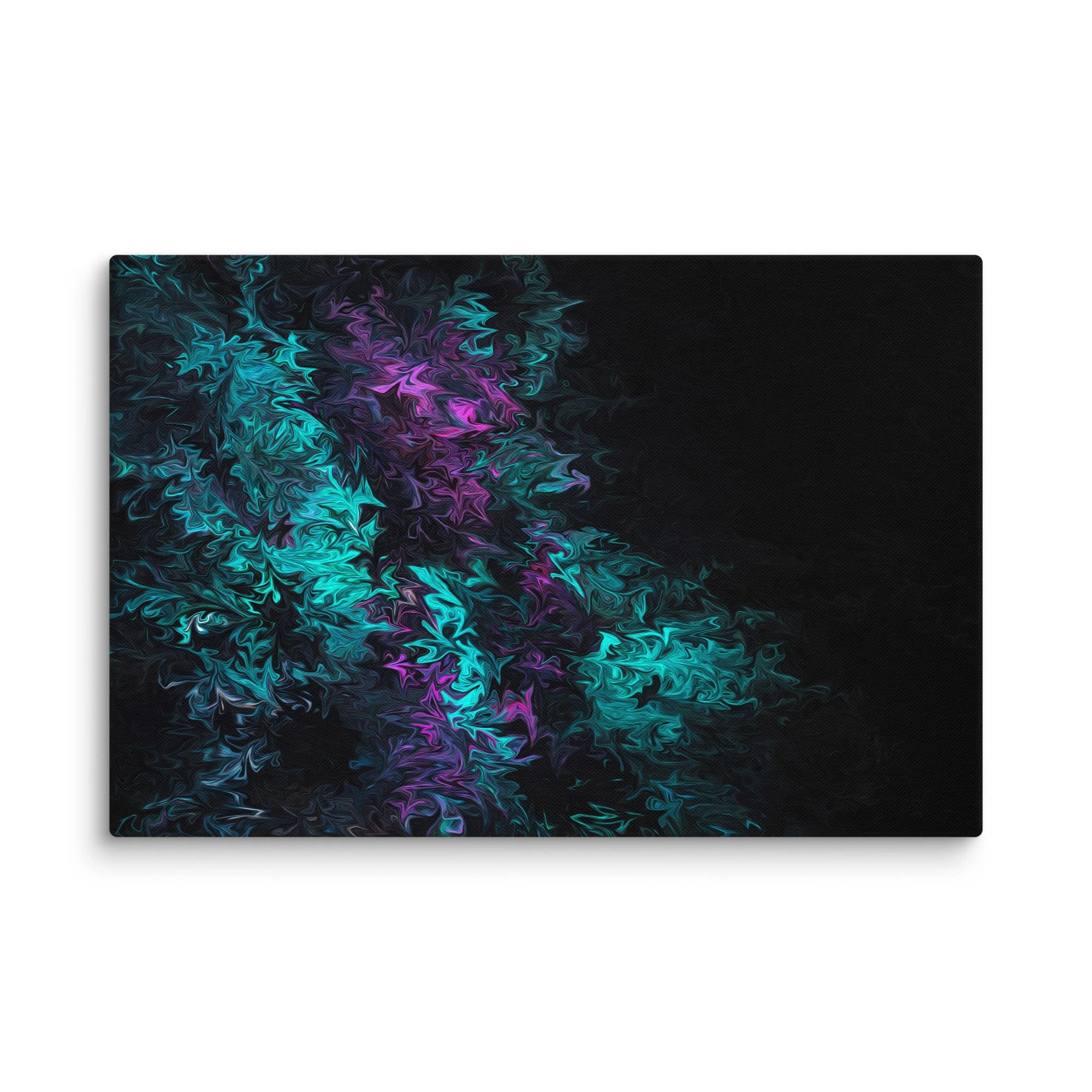 Psychedelic abstract canvas with teal turquoise purple magenta fluid swirls on black nebula background, cosmic vortex energy wall art print