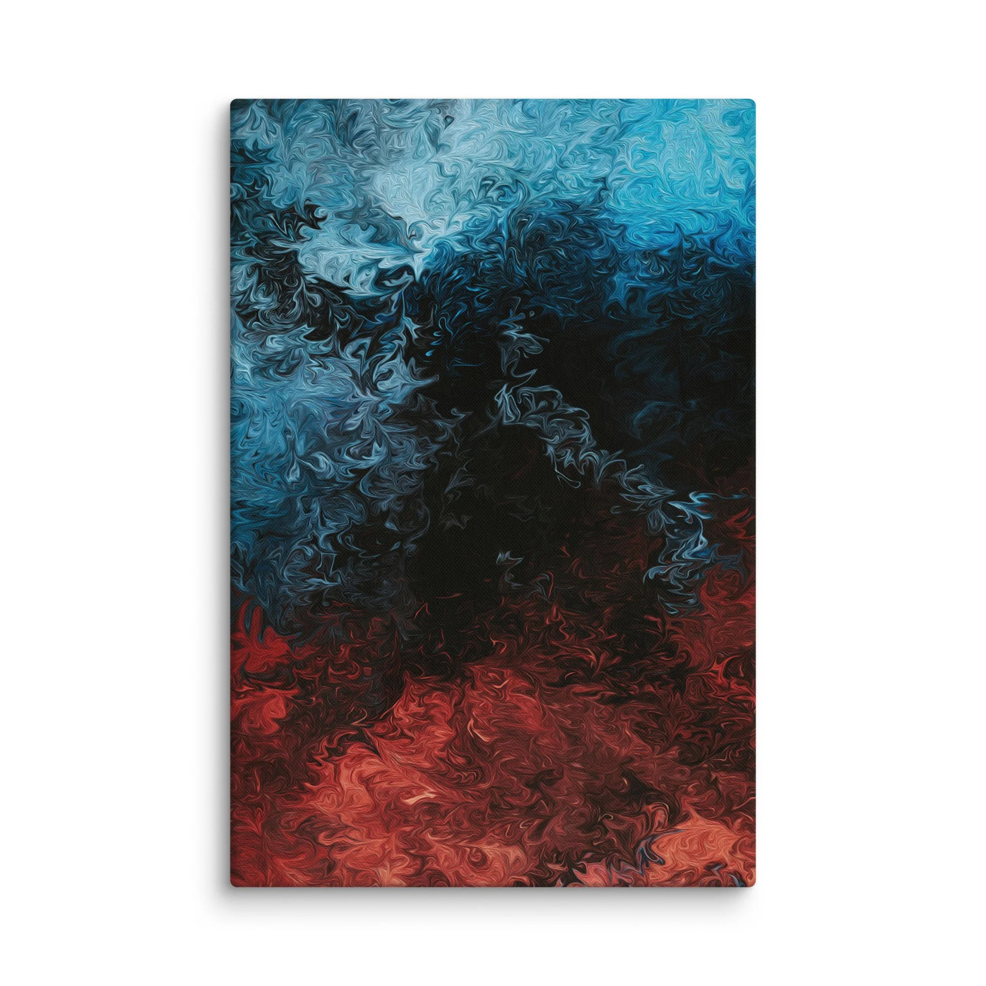 Psychedelic abstract canvas print with swirling blue turquoise red fluid marbling on black abyss background, dramatic cosmic energy wall art
