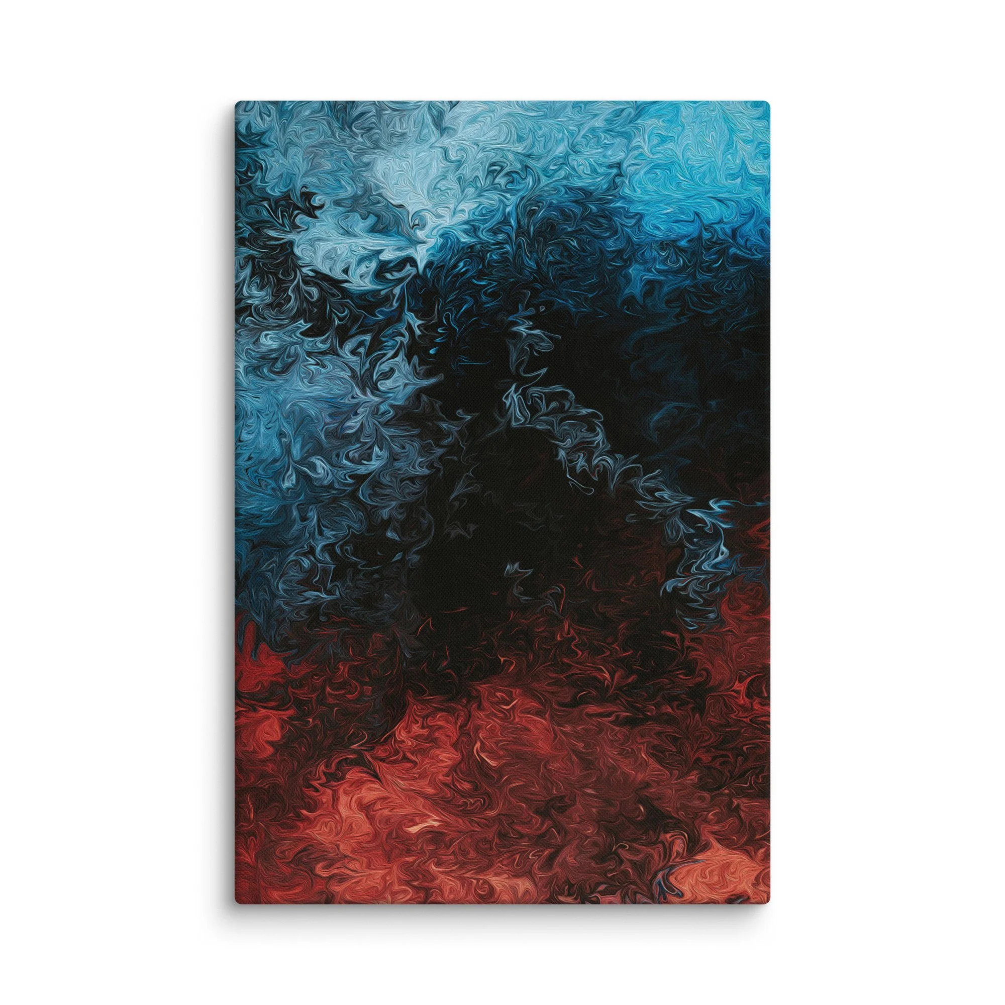 Psychedelic abstract canvas print with swirling blue turquoise red fluid marbling on black abyss background, dramatic cosmic energy wall art