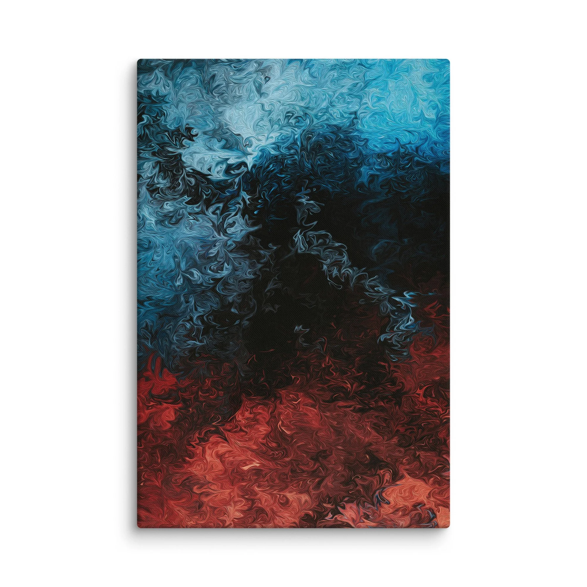 Psychedelic abstract canvas print with swirling blue turquoise red fluid marbling on black abyss background, dramatic cosmic energy wall art