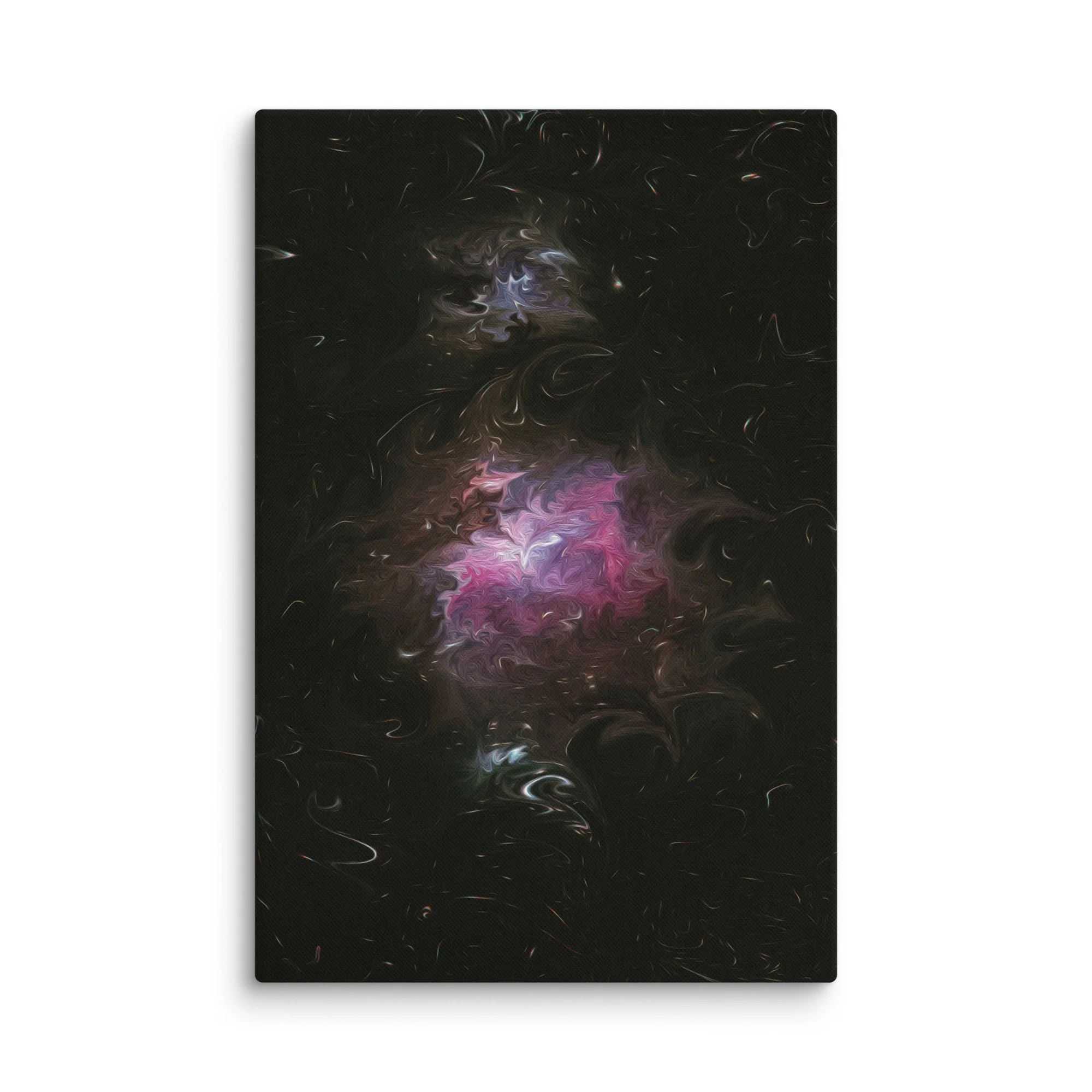 Psychedelic abstract canvas with glowing pink purple magenta nebula core and ethereal swirls on black cosmic background, dreamy wall art print