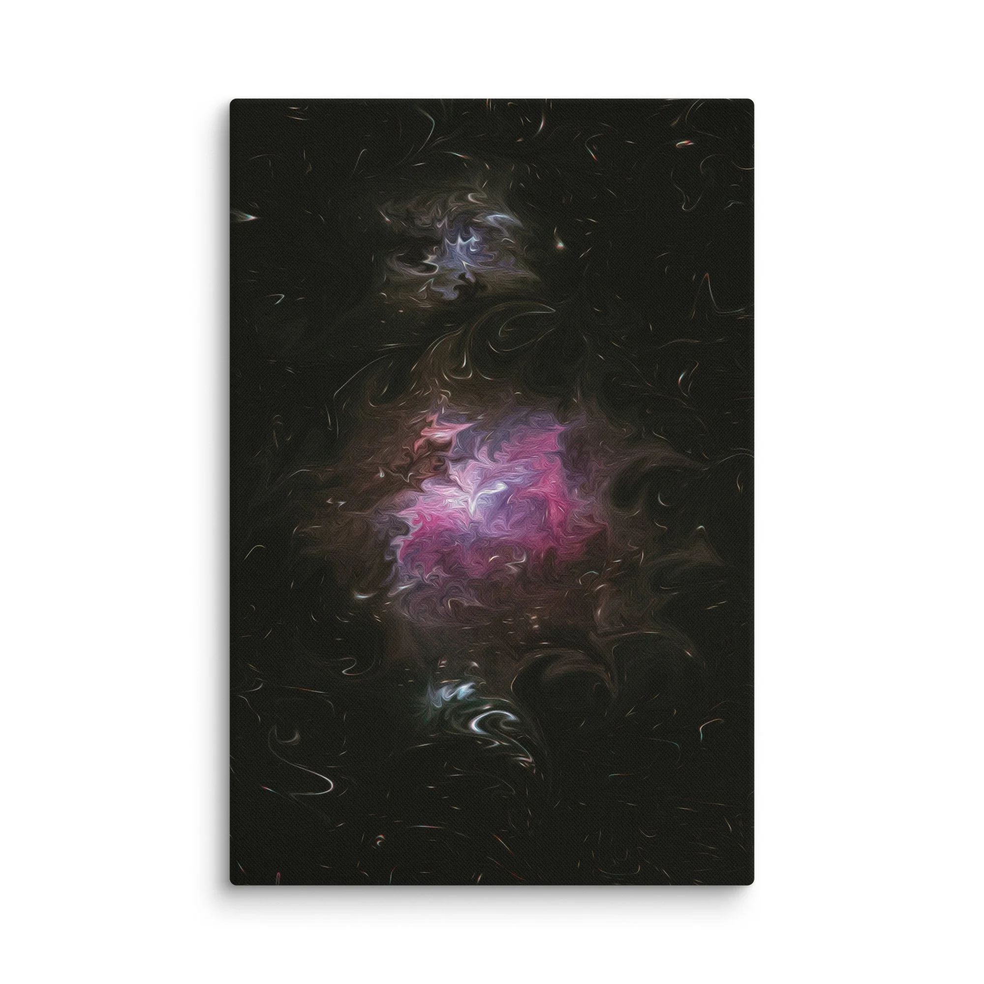 Psychedelic abstract canvas with glowing pink purple magenta nebula core and ethereal swirls on black cosmic background, dreamy wall art print