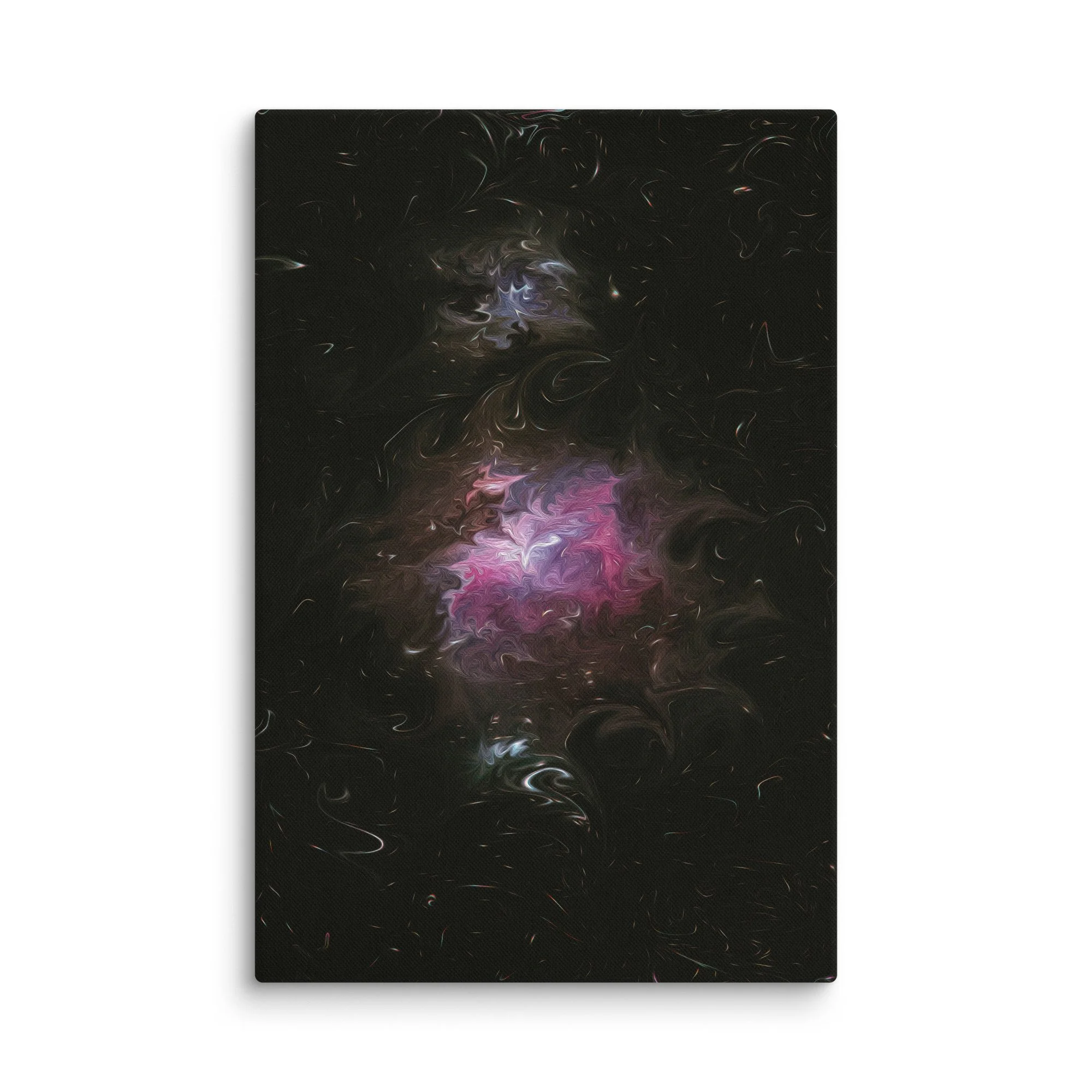 Psychedelic abstract canvas with glowing pink purple magenta nebula core and ethereal swirls on black cosmic background, dreamy wall art print