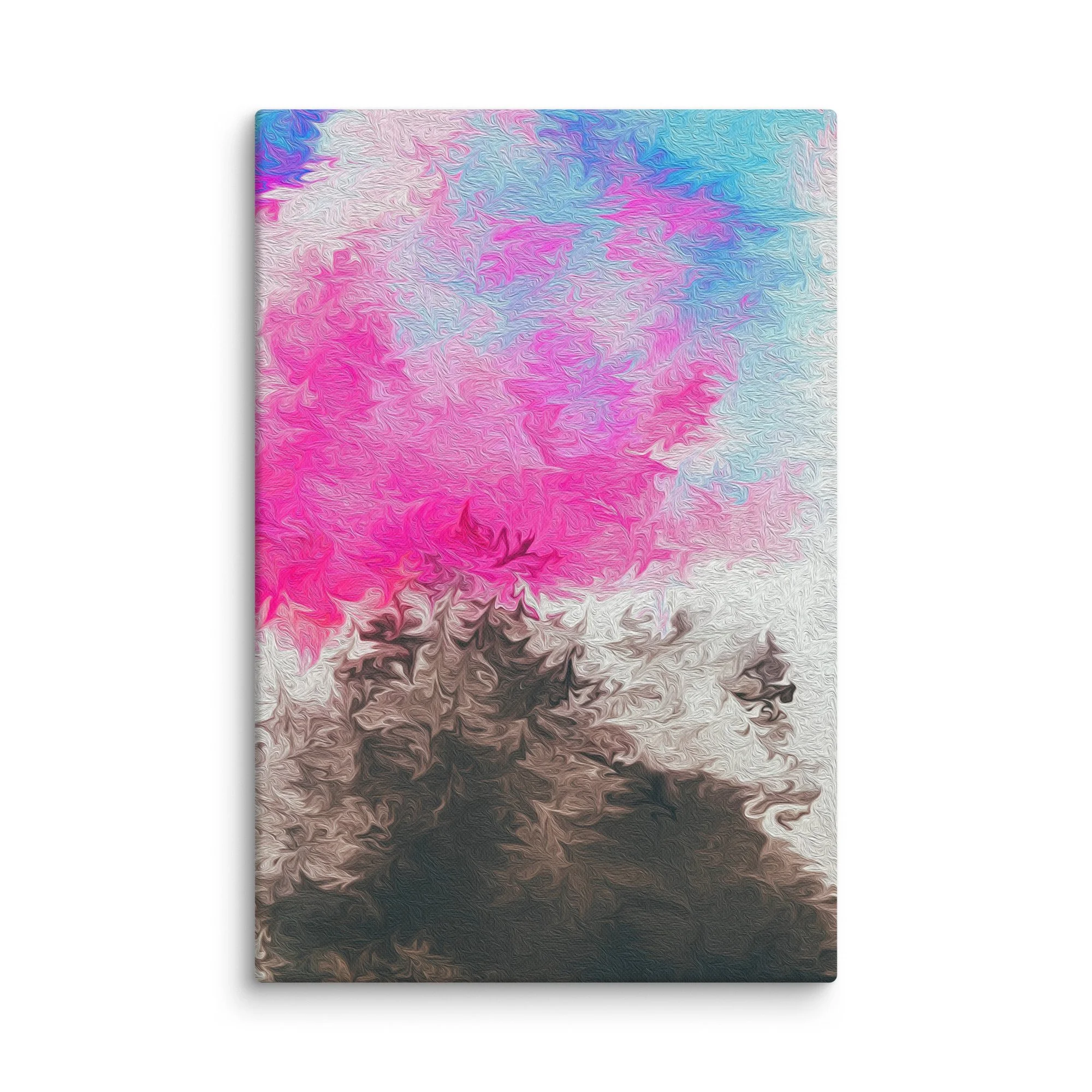 Psychedelic abstract canvas print with pastel pink magenta blue fluid swirls and ethereal nebula rise on taupe ground, dreamy wall art