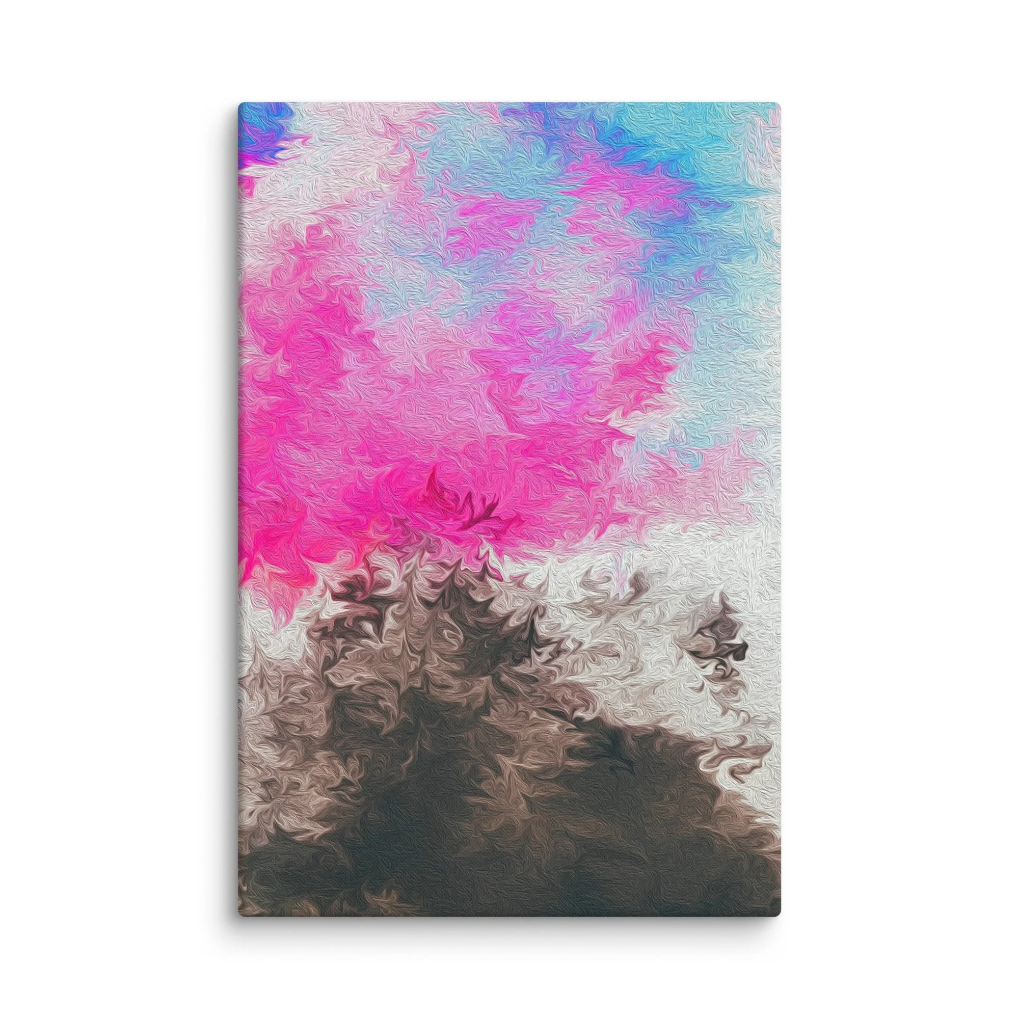 Psychedelic abstract canvas print with pastel pink magenta blue fluid swirls and ethereal nebula rise on taupe ground, dreamy wall art