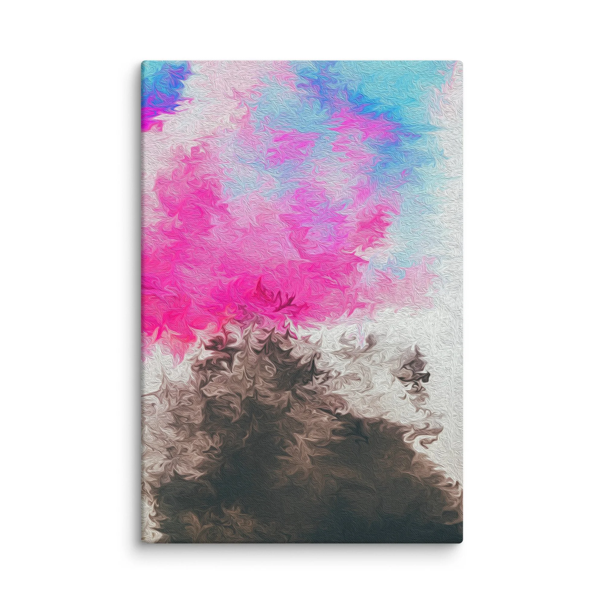 Psychedelic abstract canvas print with pastel pink magenta blue fluid swirls and ethereal nebula rise on taupe ground, dreamy wall art