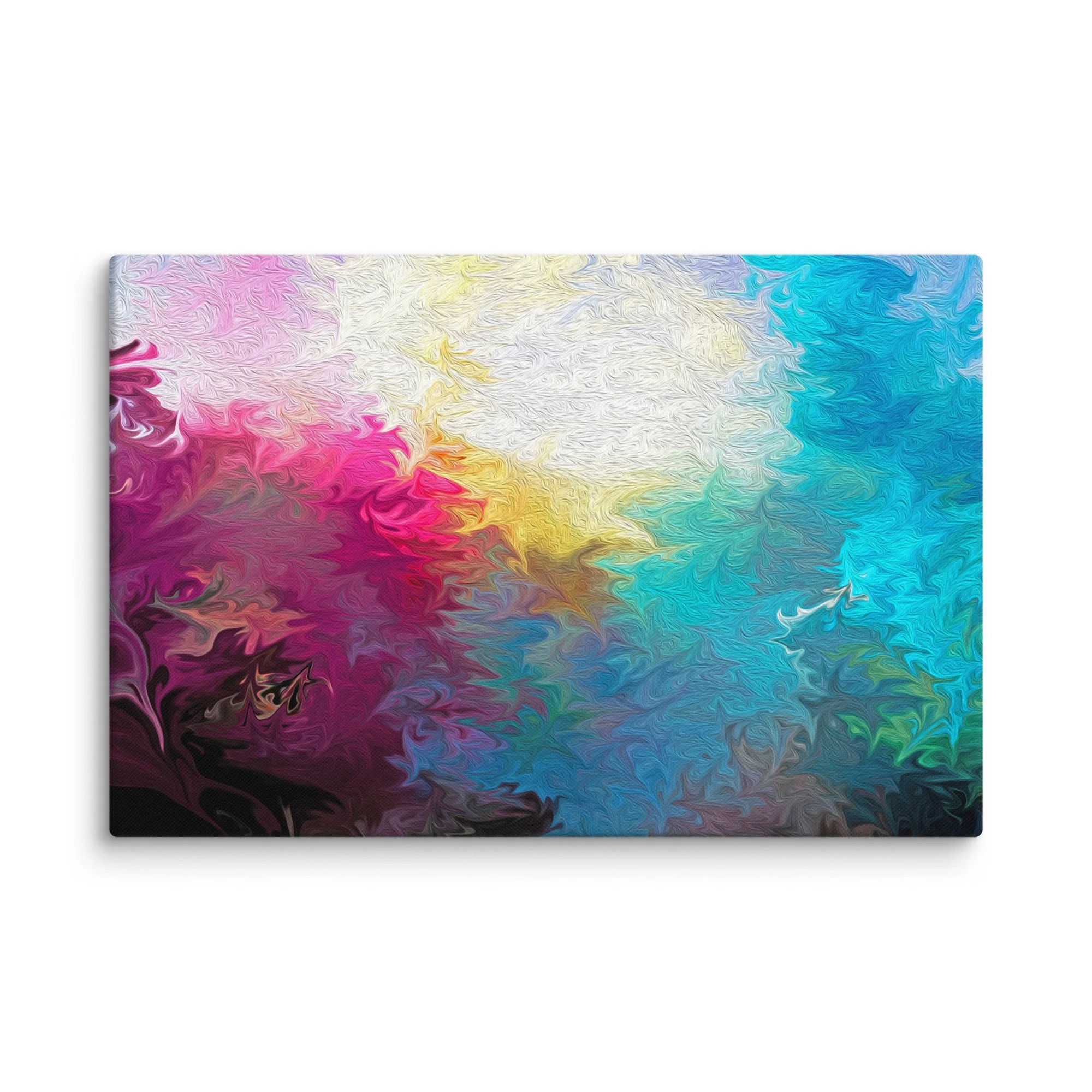 Psychedelic abstract canvas print with pastel rainbow pink yellow blue turquoise fluid swirls, ethereal gradient dreamy wall art
