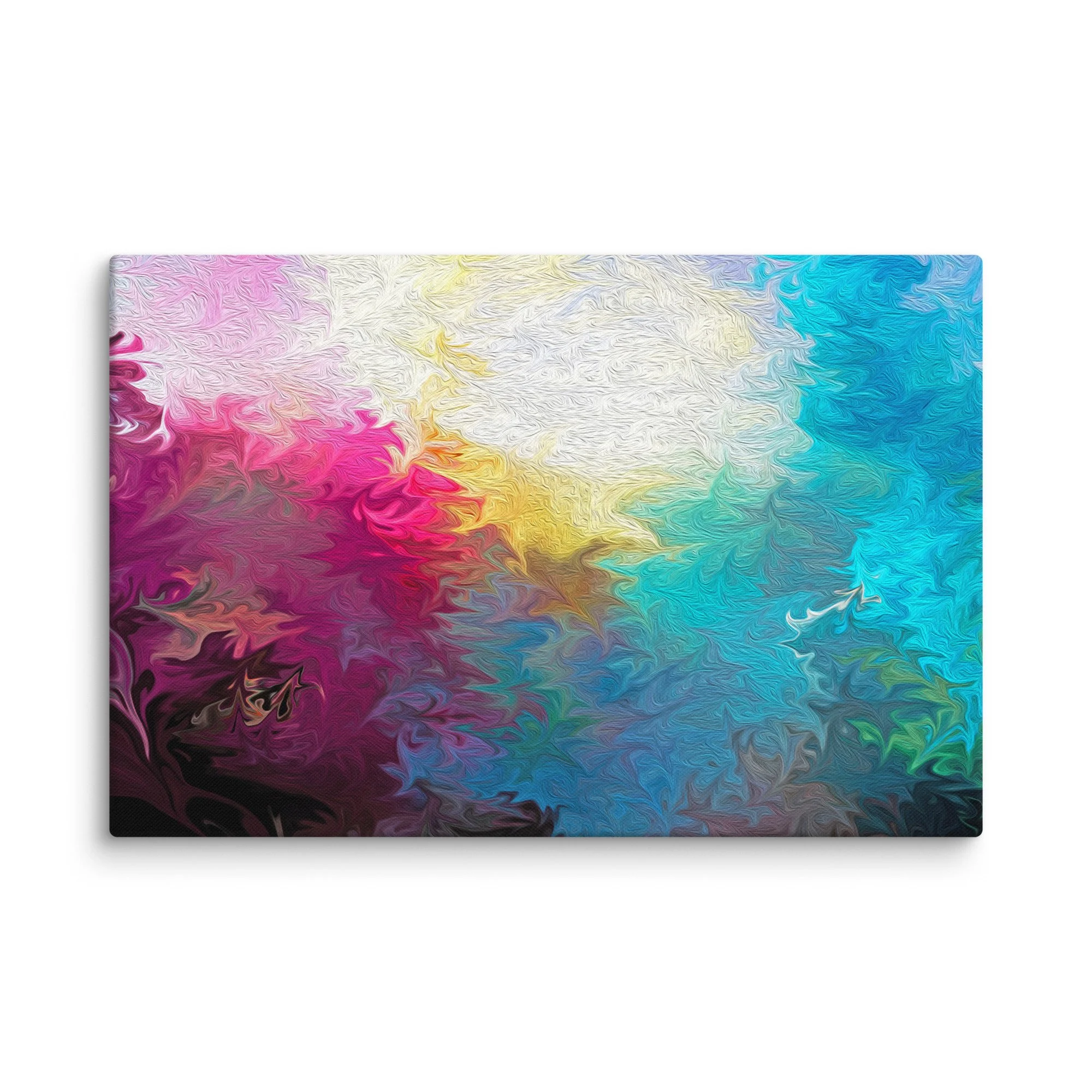 Psychedelic abstract canvas print with pastel rainbow pink yellow blue turquoise fluid swirls, ethereal gradient dreamy wall art