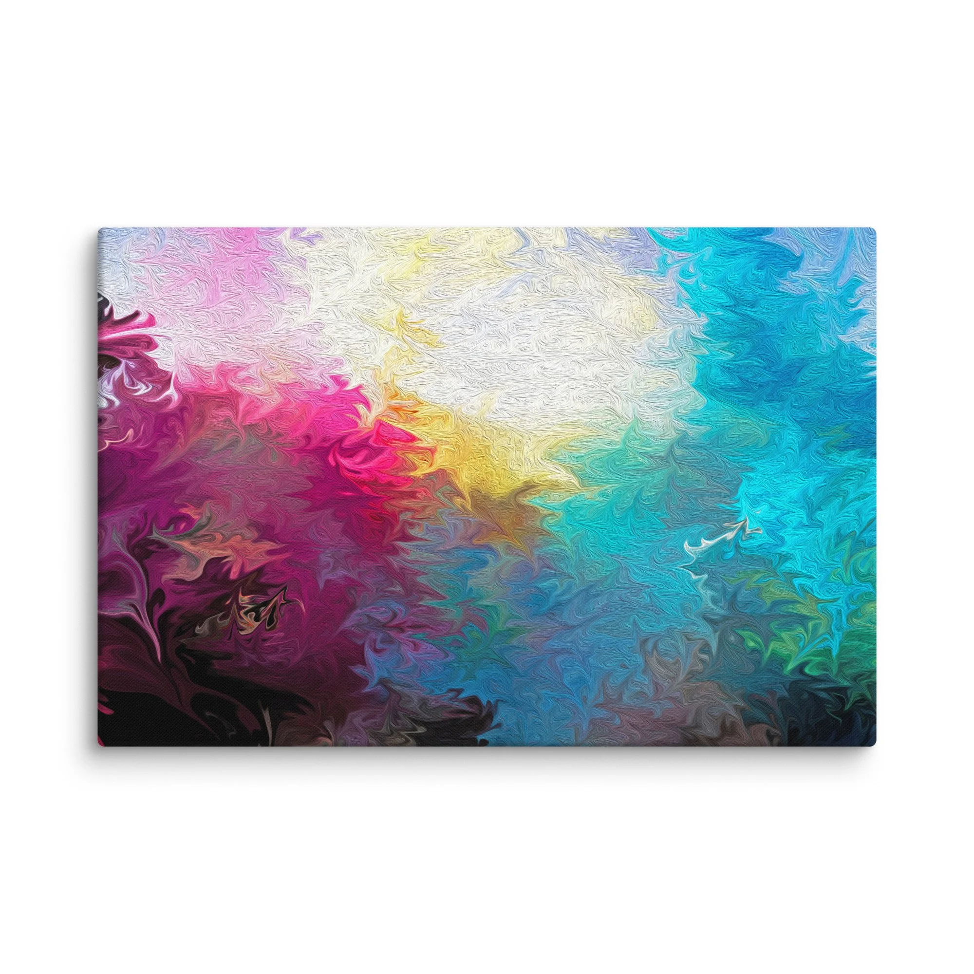 Psychedelic abstract canvas print with pastel rainbow pink yellow blue turquoise fluid swirls, ethereal gradient dreamy wall art