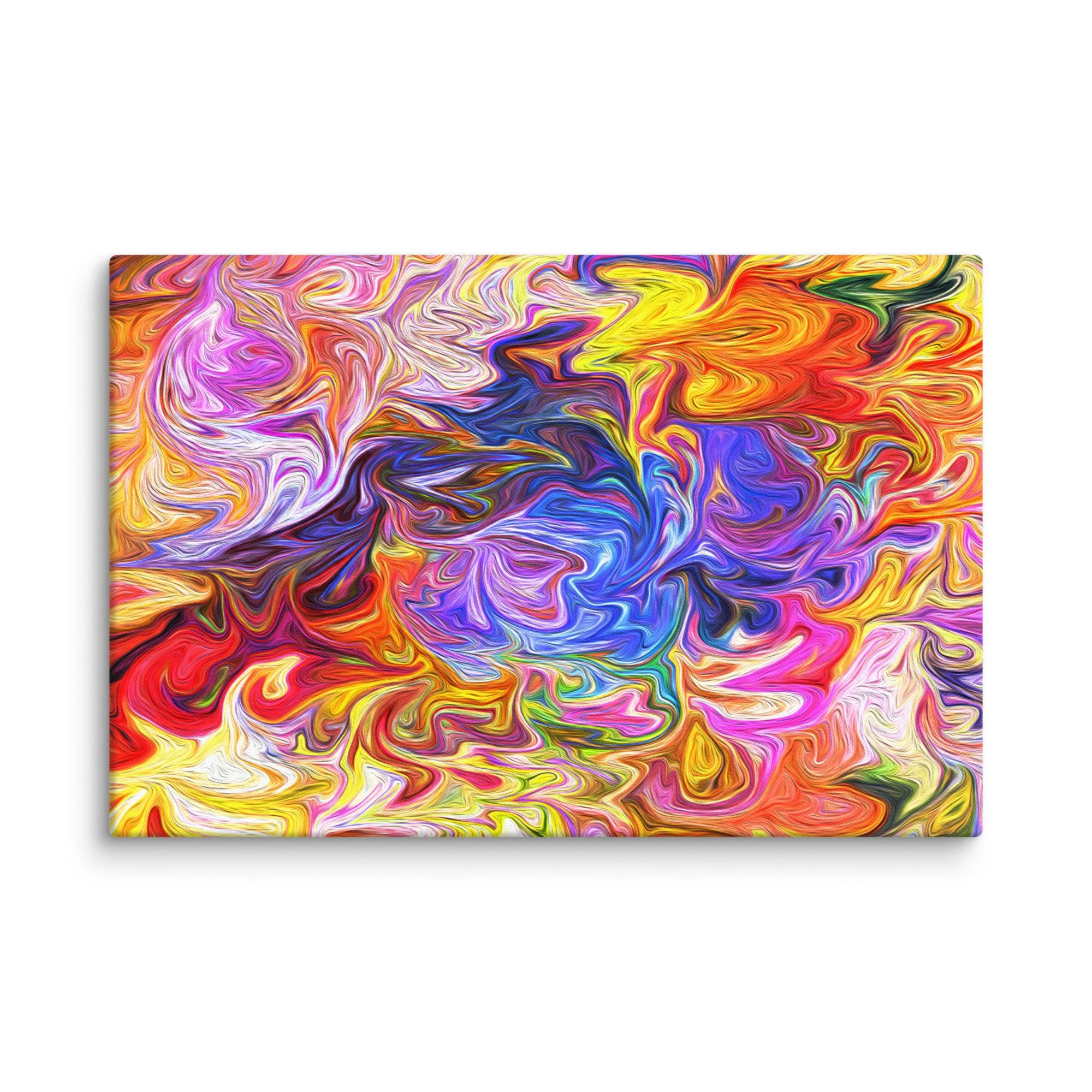 Psychedelic abstract canvas print with vibrant rainbow fluid swirls magenta purple blue yellow orange green, maximalist vortex energy wall art