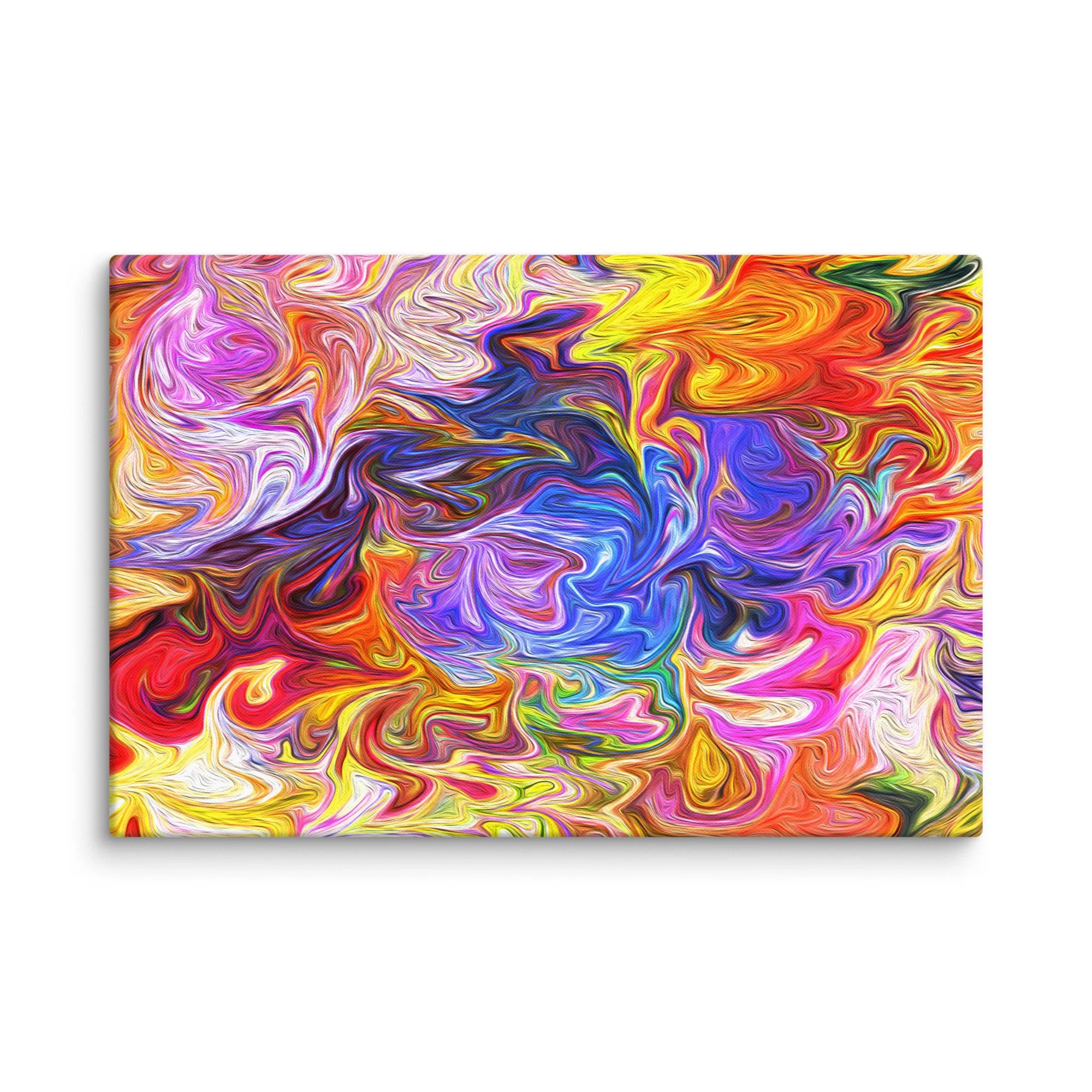Psychedelic abstract canvas print with vibrant rainbow fluid swirls magenta purple blue yellow orange green, maximalist vortex energy wall art