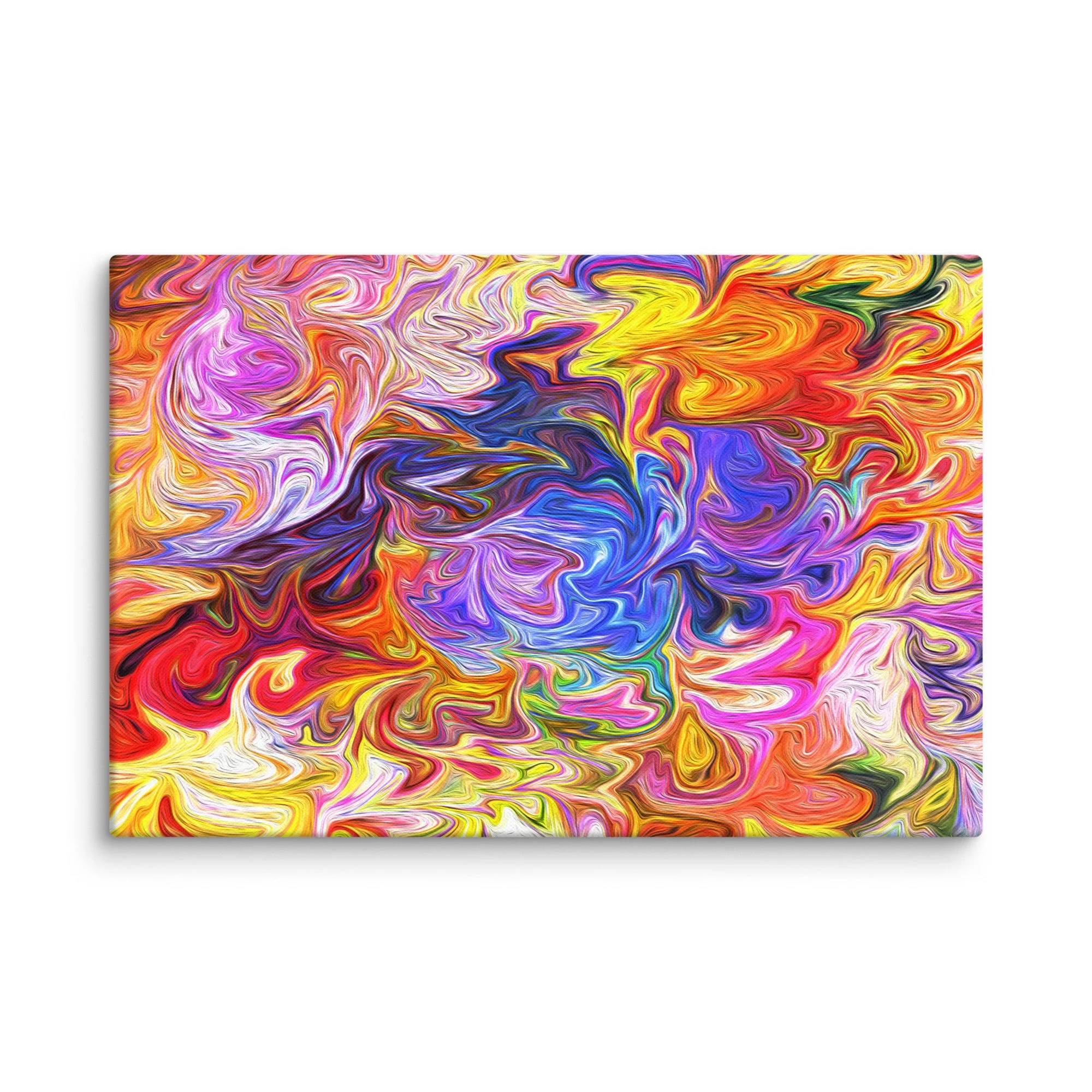 Psychedelic abstract canvas print with vibrant rainbow fluid swirls magenta purple blue yellow orange green, maximalist vortex energy wall art